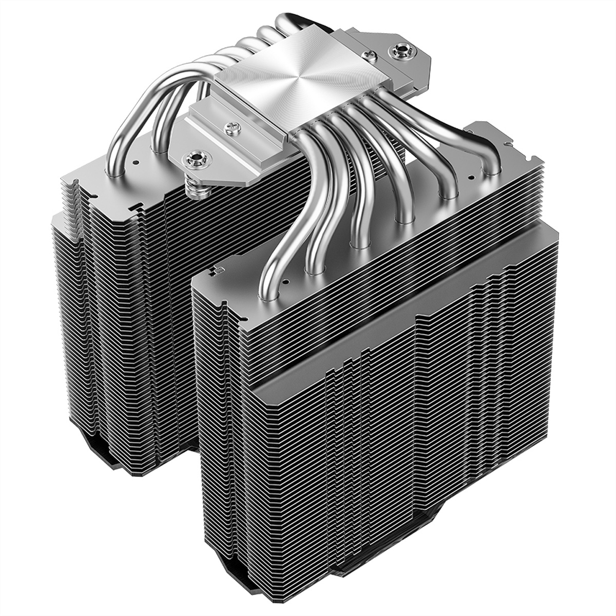 Silver computer heat sink with multiple fins and heat pipes.