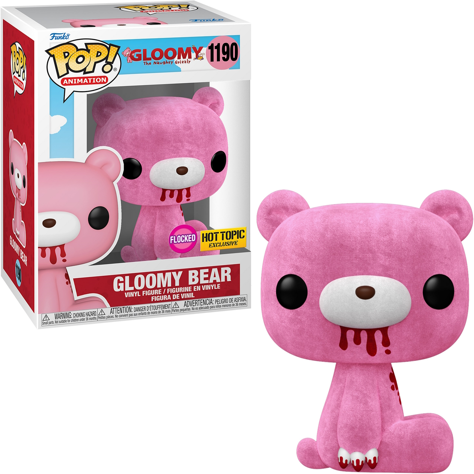 Rosa Gloomy Bear Figur in einer Box. Der Bär hat Blut auf Mund und Brust.
