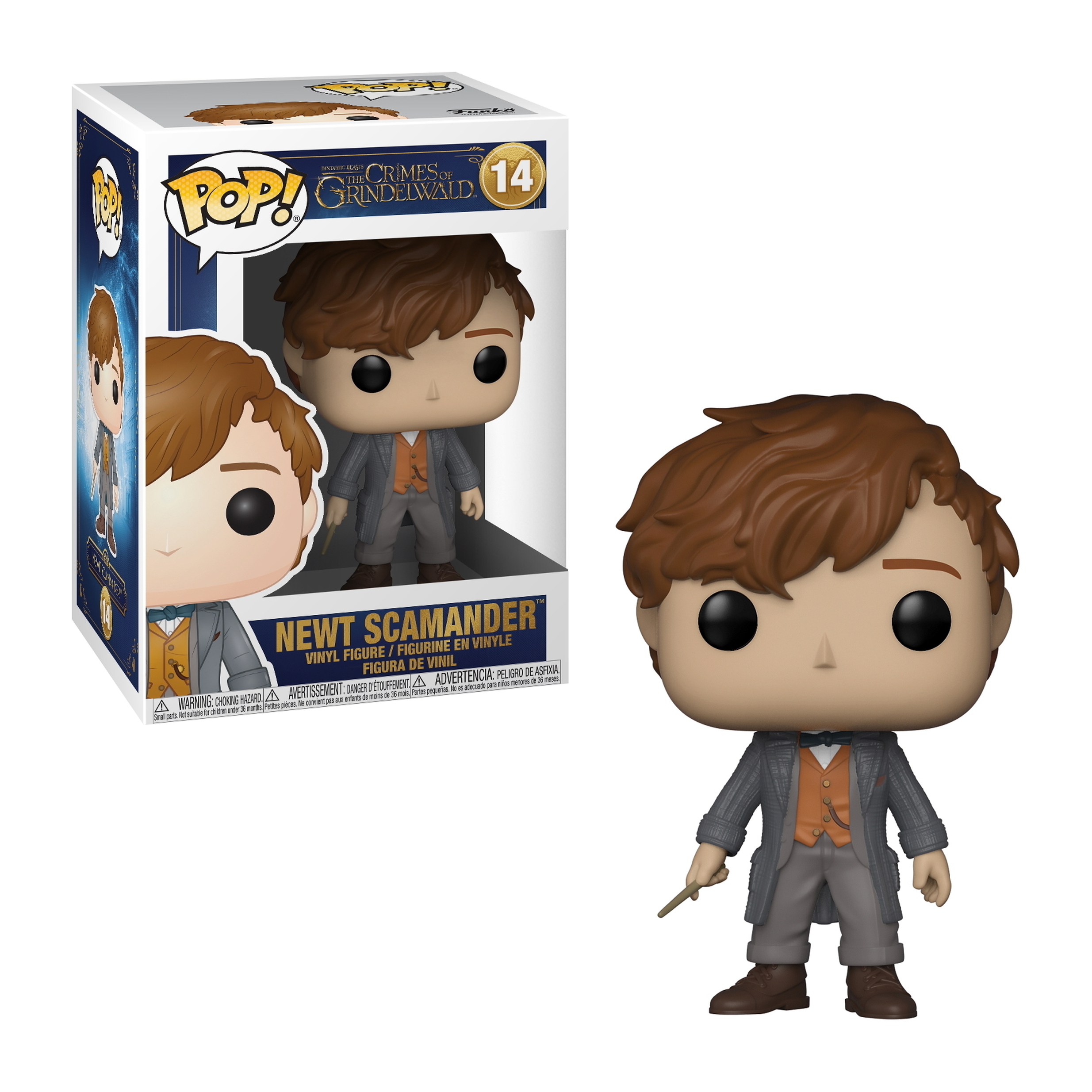 Figurka Newt Scamander Funko Pop z pudełkiem, na białym tle.