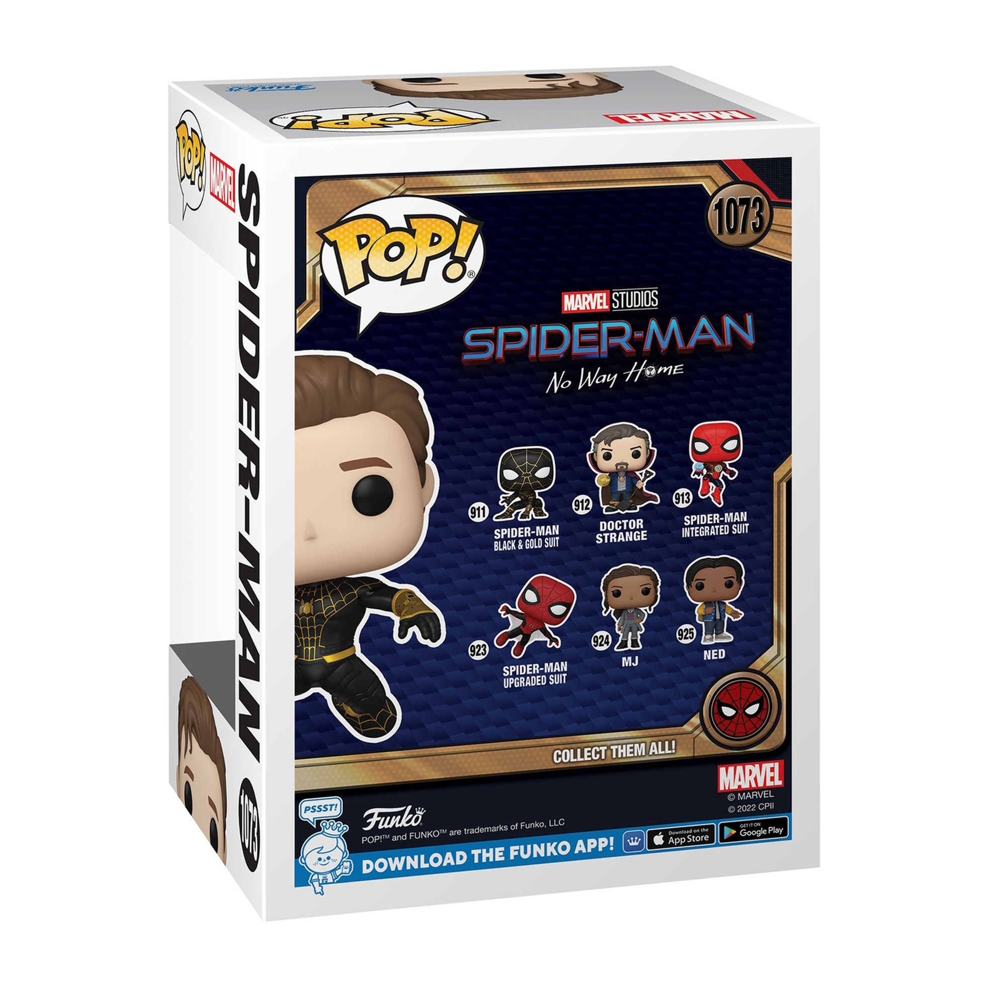 Scatola Funko Pop di Spider-Man, varie figure mostrate. Spider-Man in tuta nera e oro visibile.
