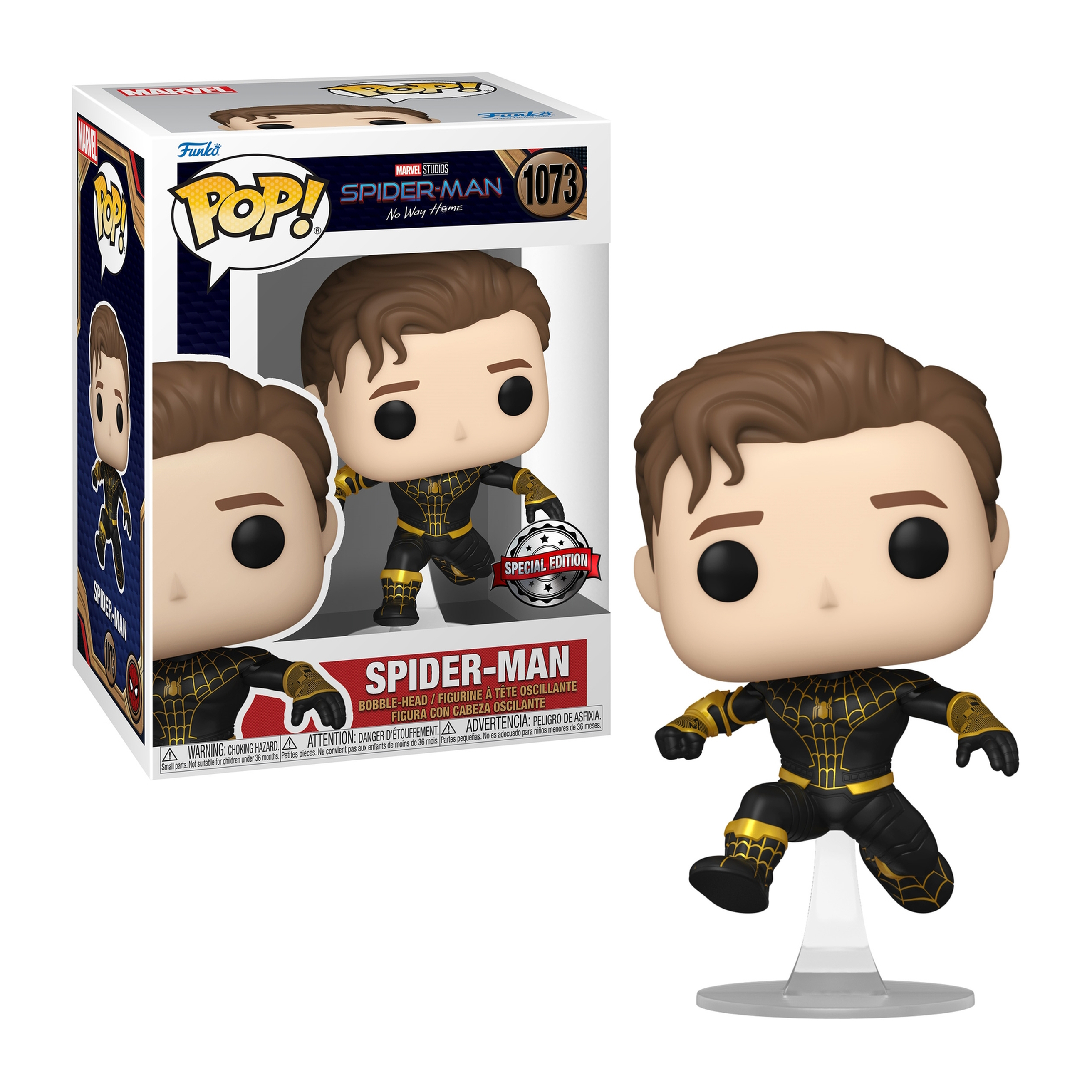 Figura di Spider-Man in scatola e in piedi, tuta nera e oro.