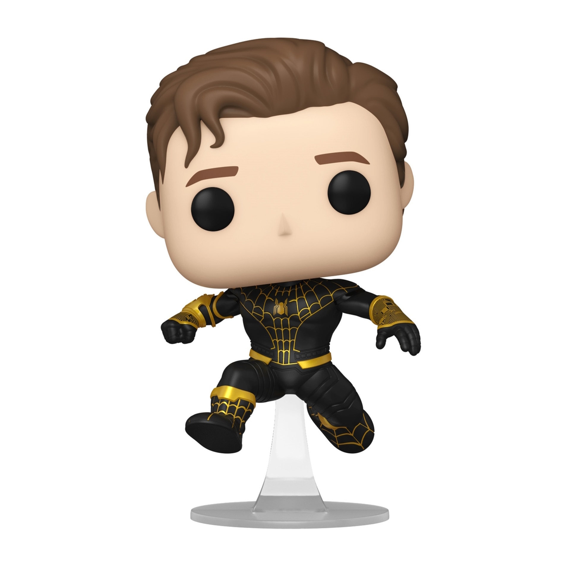 Funko Pop di supereroe in costume nero e oro, su supporto.
