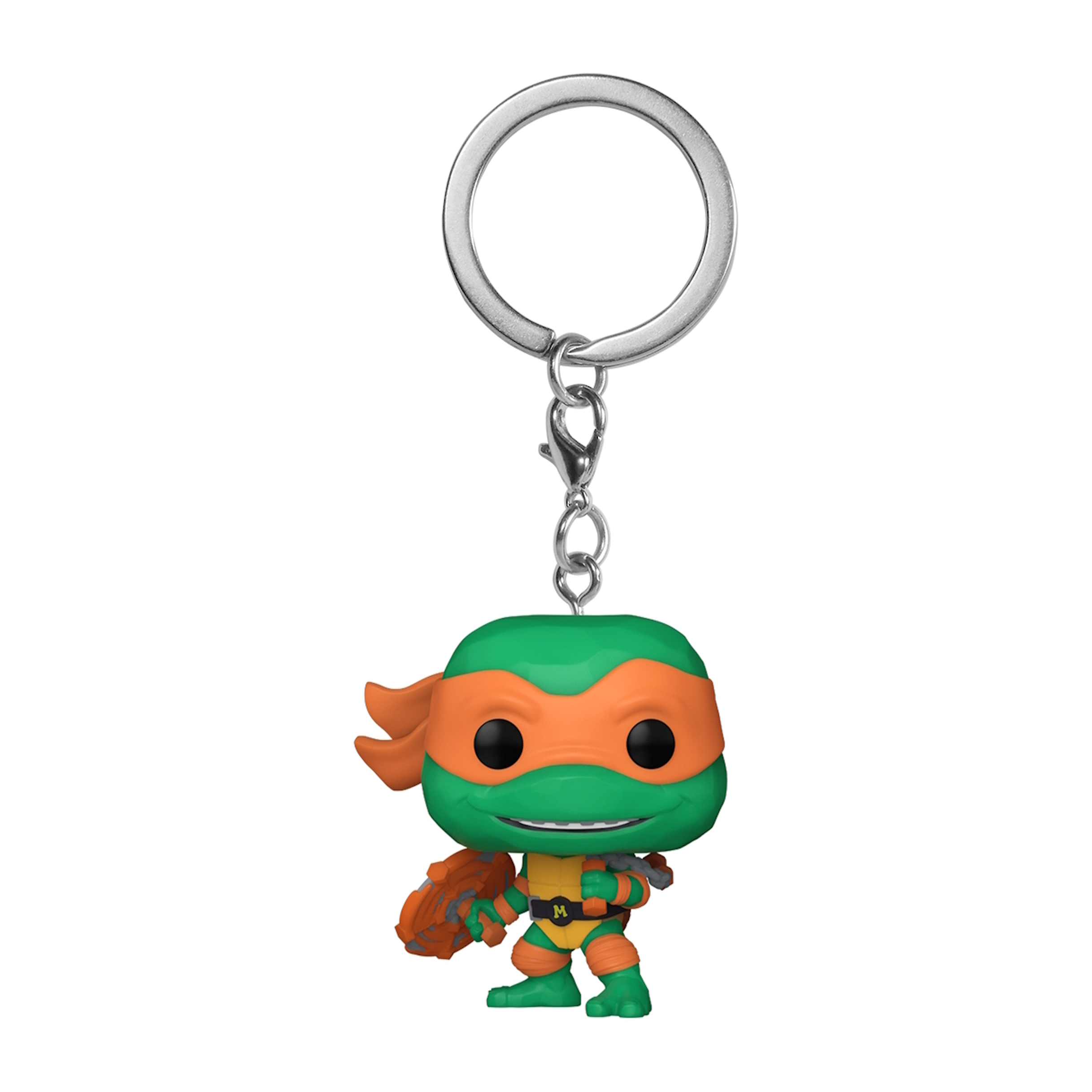 Ein Teenage Mutant Ninja Turtle-Schlüsselanhänger von Michelangelo, mit oranger Maske und Waffe.