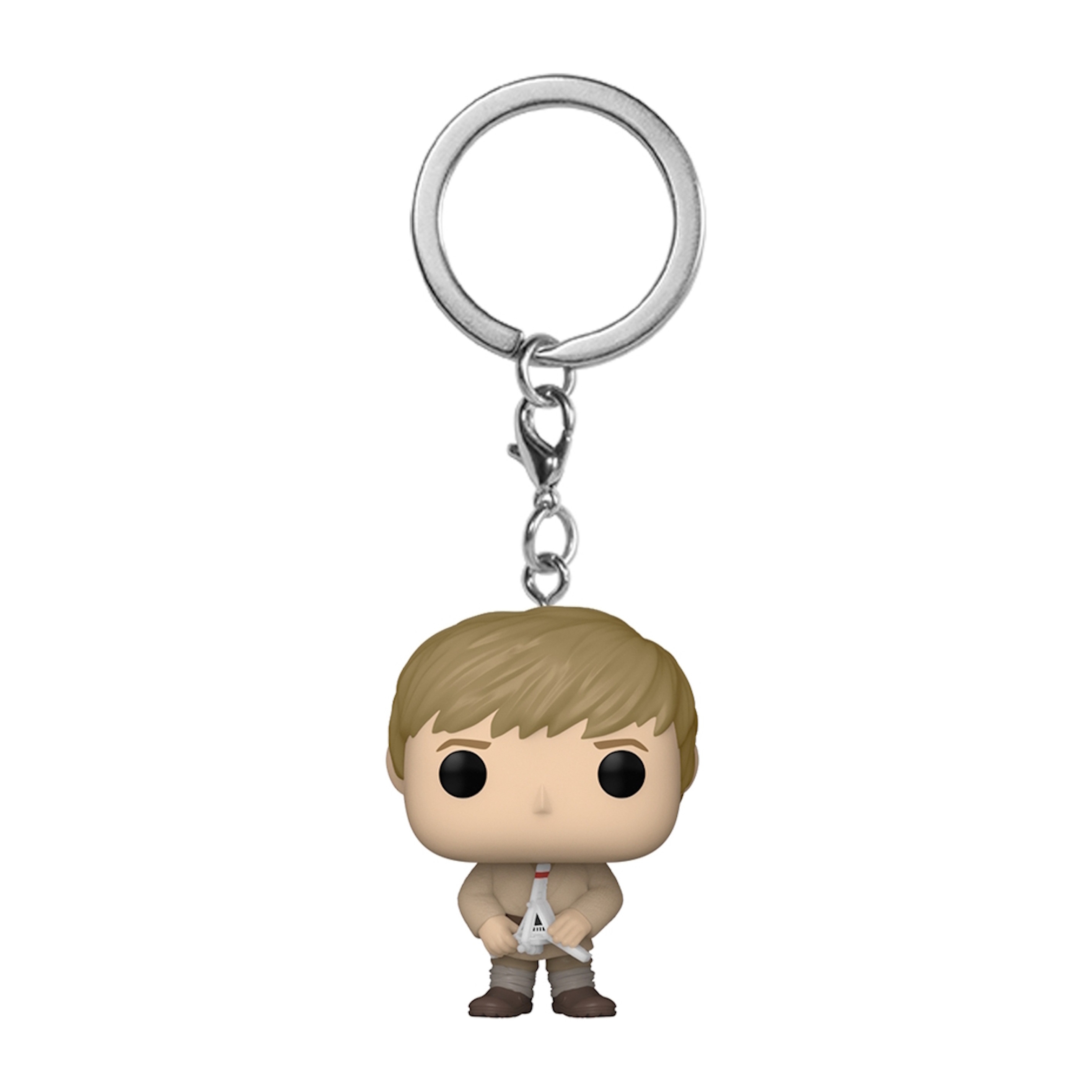 Funko Pop Schlüsselanhänger eines blonden Mannes in hellbraunem Outfit, mit einer kleinen Flasche.