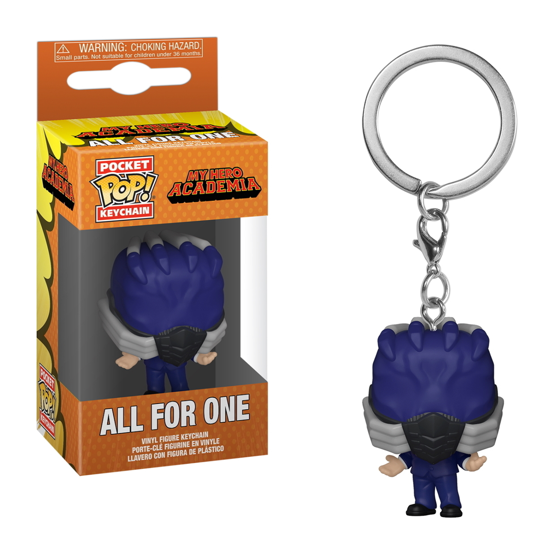 Brelok All for One w pudełku i poza nim. Ciemnoniebieska figurka.