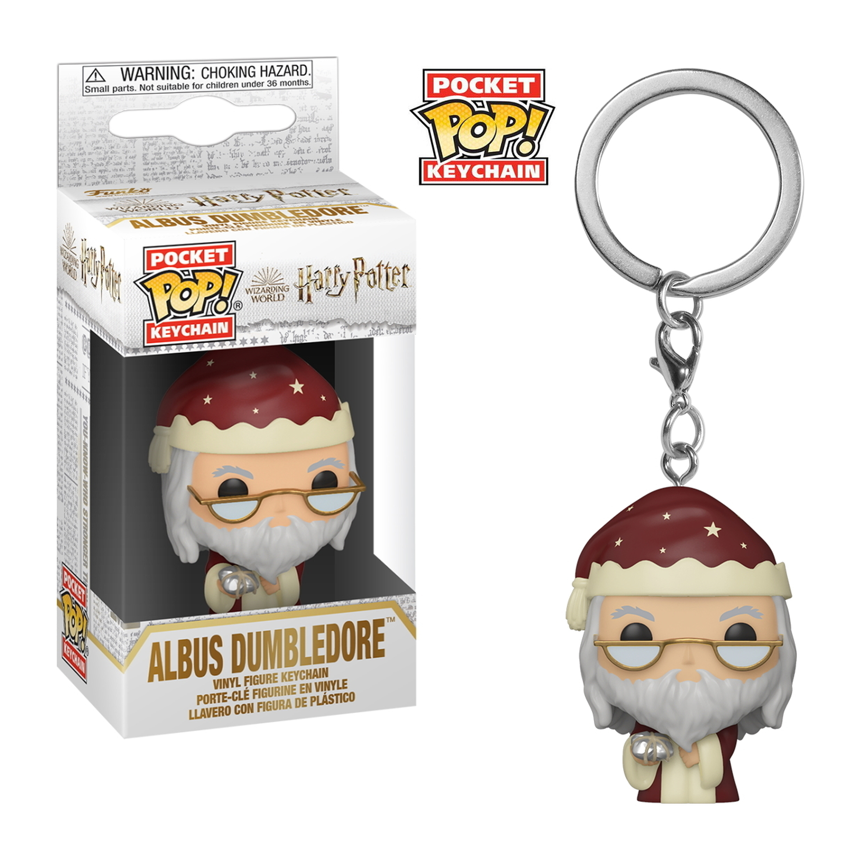 Albus Dumbledore Pocket Pop! Schlüsselanhänger-Figur in einer Box. Weißer Hintergrund.