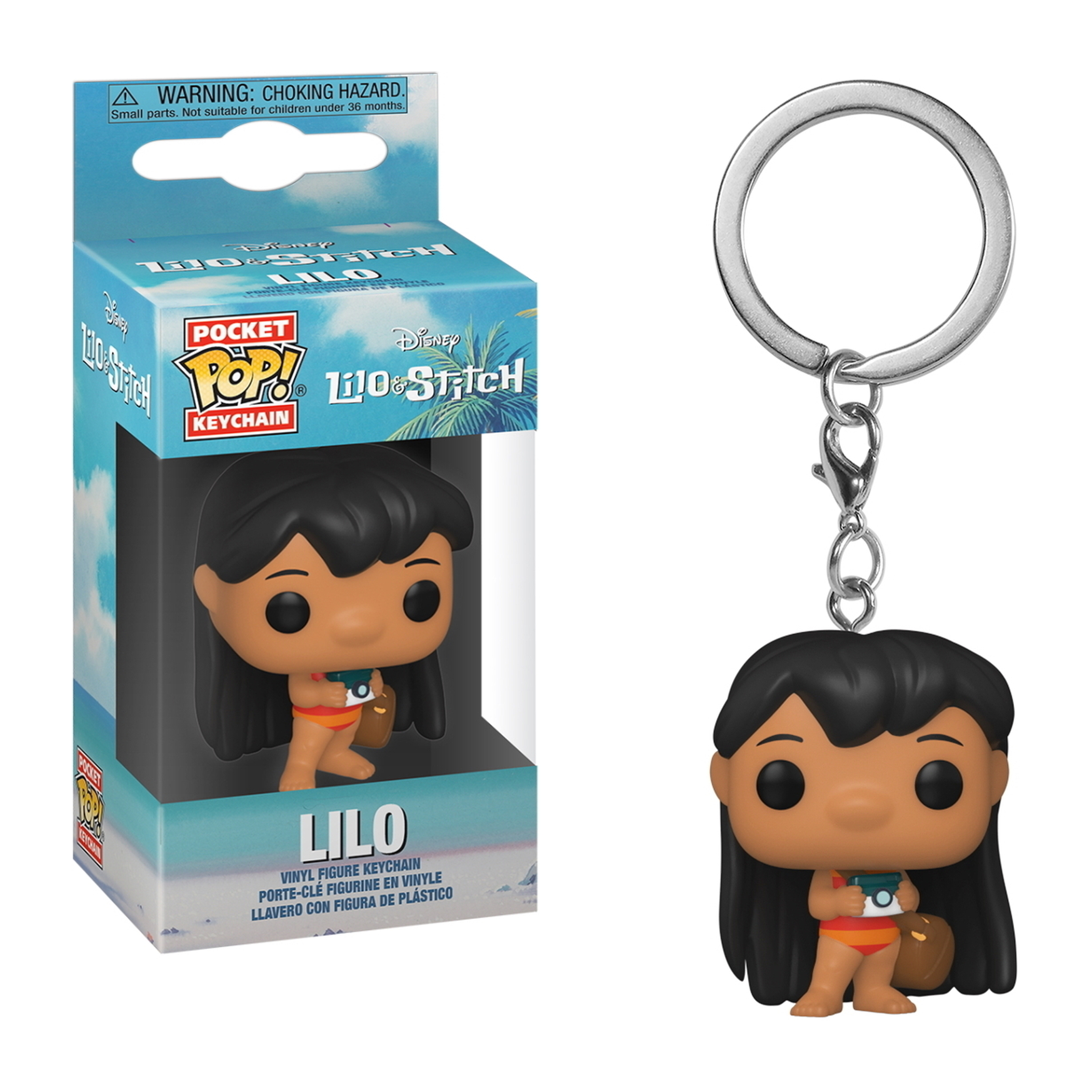 Un Funko Pocket Pop! Portachiavi di Lilo di Lilo & Stitch, scatola e portachiavi, Lilo con una bambola.