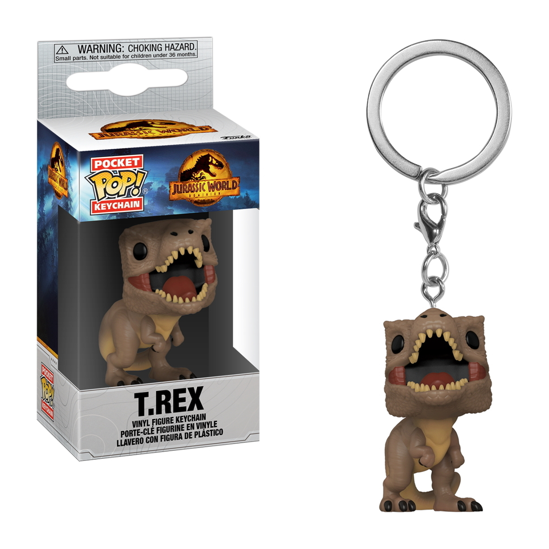 Ein Pocket POP! Schlüsselanhänger von T. rex. Die Figur ist in einer Box und an einem Schlüsselanhänger mit T. rex.
