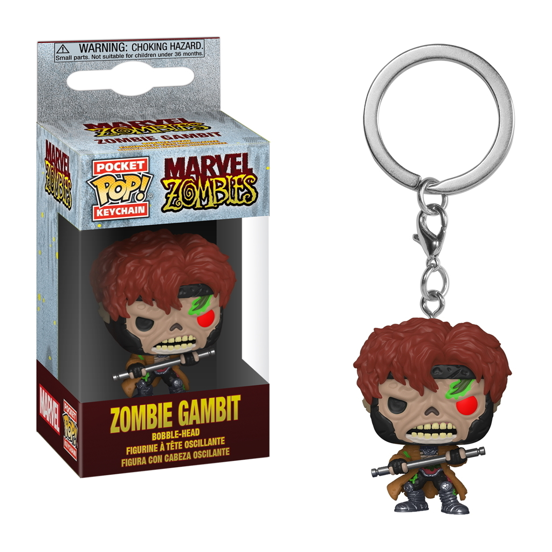 Zombie Gambit Schlüsselanhängerfigur aus Marvel Zombies, in einer Box. Figur ist ein Zombie.