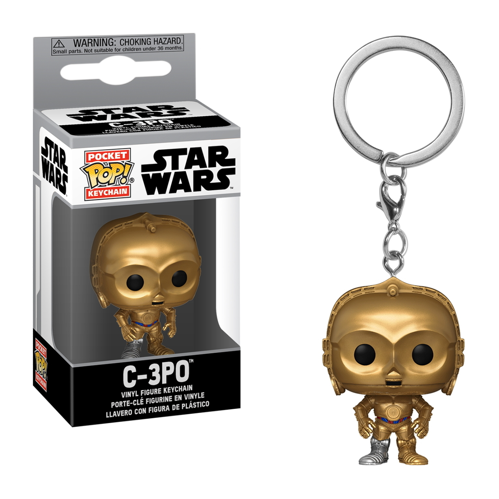 C-3PO Star Wars Pocket Pop Schlüsselanhänger und Box. Goldene Figur, auf Weiß.