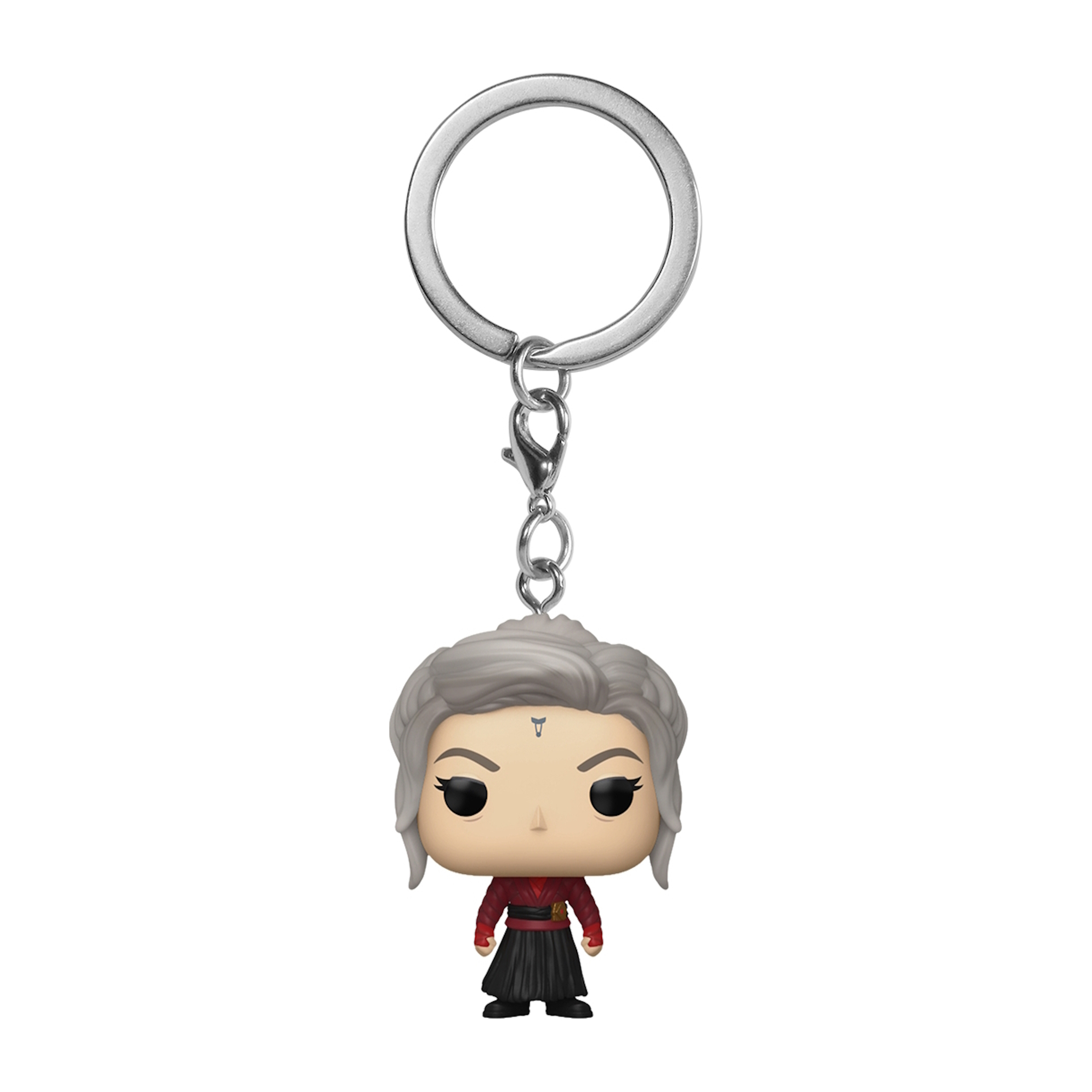 Un llavero Funko Pop de un personaje con pelo gris, vistiendo un atuendo rojo y negro.