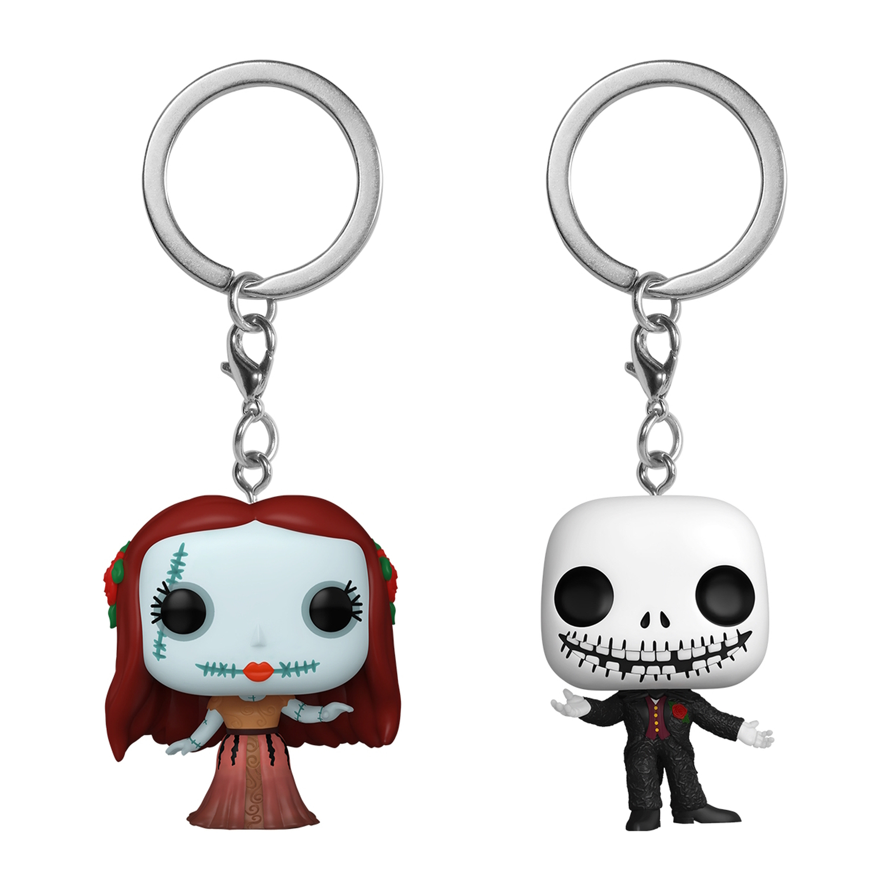 Deux porte-clés : un de Sally et un de Jack Skellington. Fond blanc.