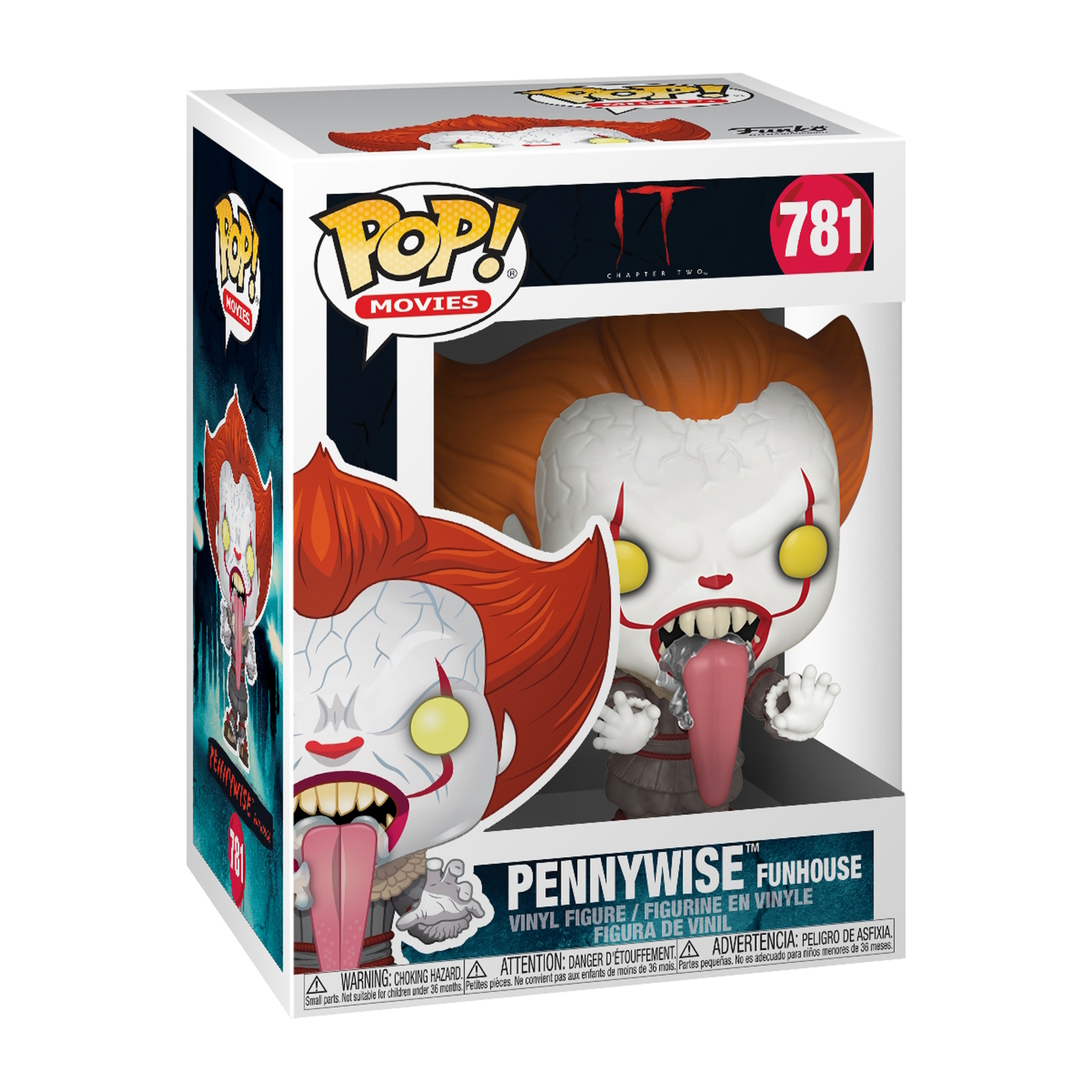 Figurka Pennywise Funhouse w pudełku. Figurka jest klaunowata, z rudymi włosami i długim językiem.