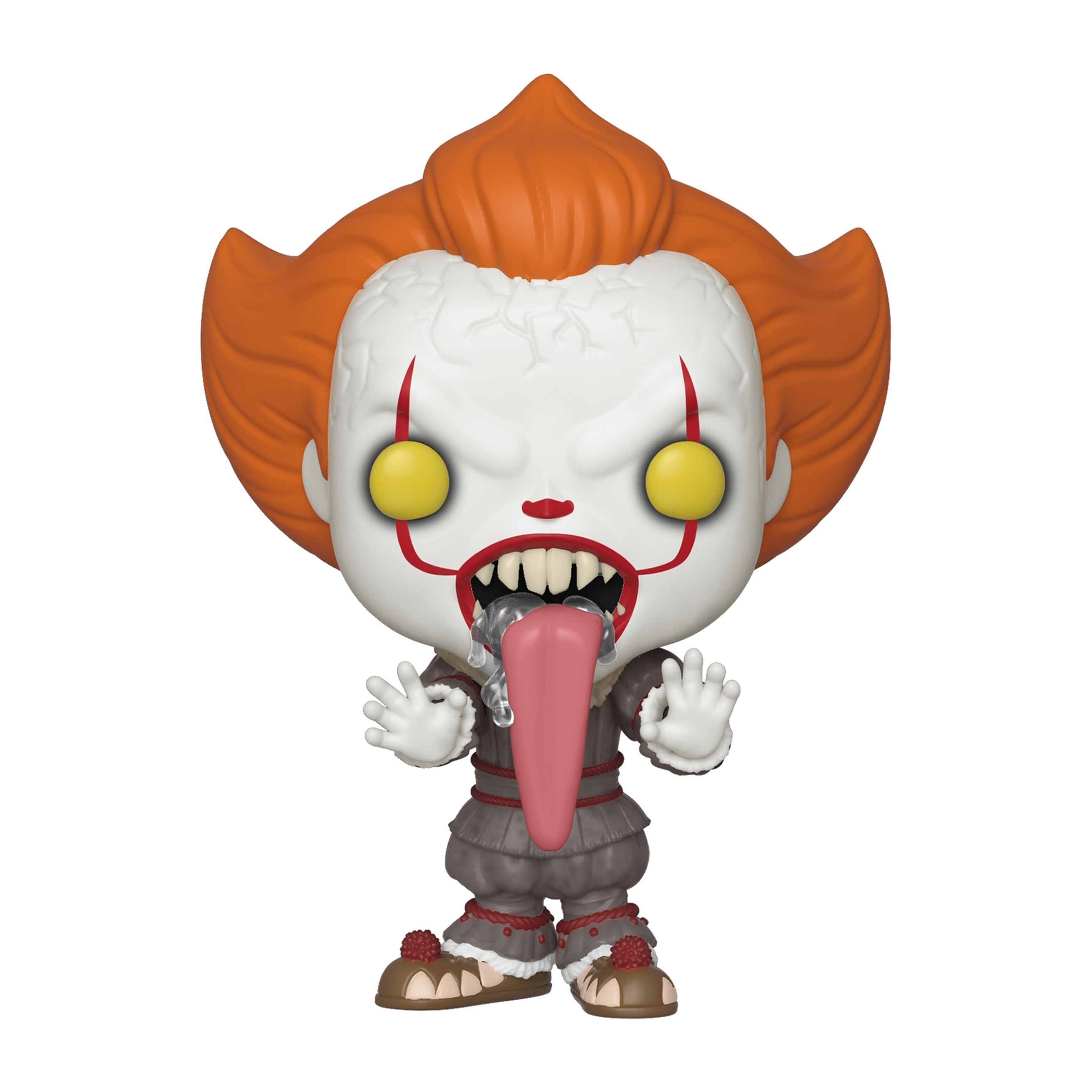 Figurka Funko Pop Pennywise'a klauna z pomarańczowymi włosami i groteskowym wyrazem twarzy.