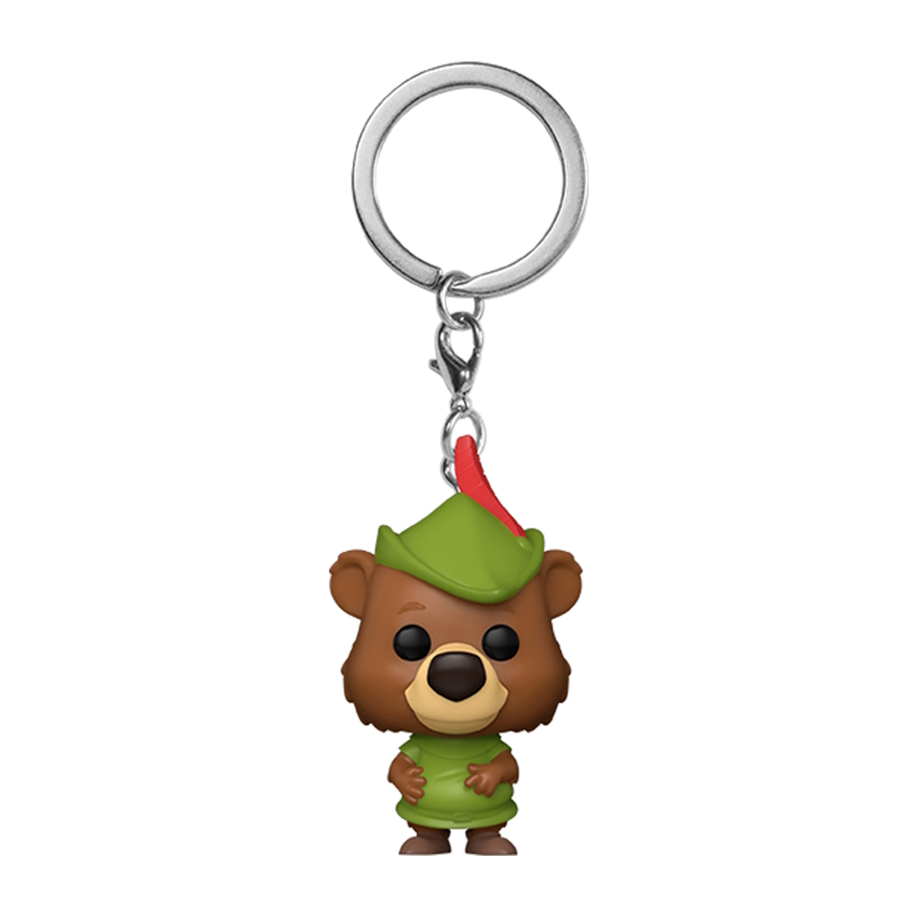 Llavero con una figura de oso con un atuendo verde y un sombrero verde. El oso es marrón.