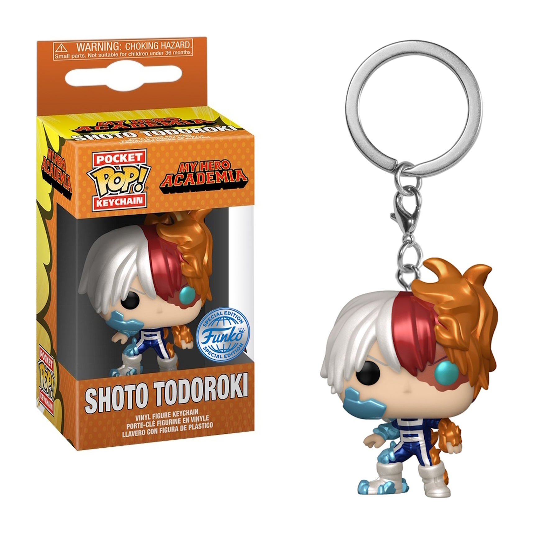 Shoto Todoroki Schlüsselanhänger Figur mit Box. Figur hat weiße und rote Haare, blaues und orangefarbenes Kostüm.