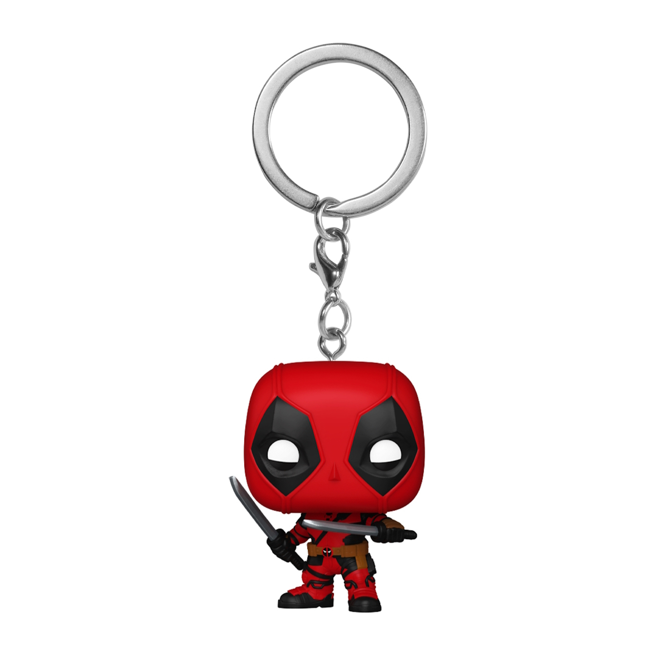 Figura de llavero de Deadpool rojo con espadas. Cadena y cierre plateados.