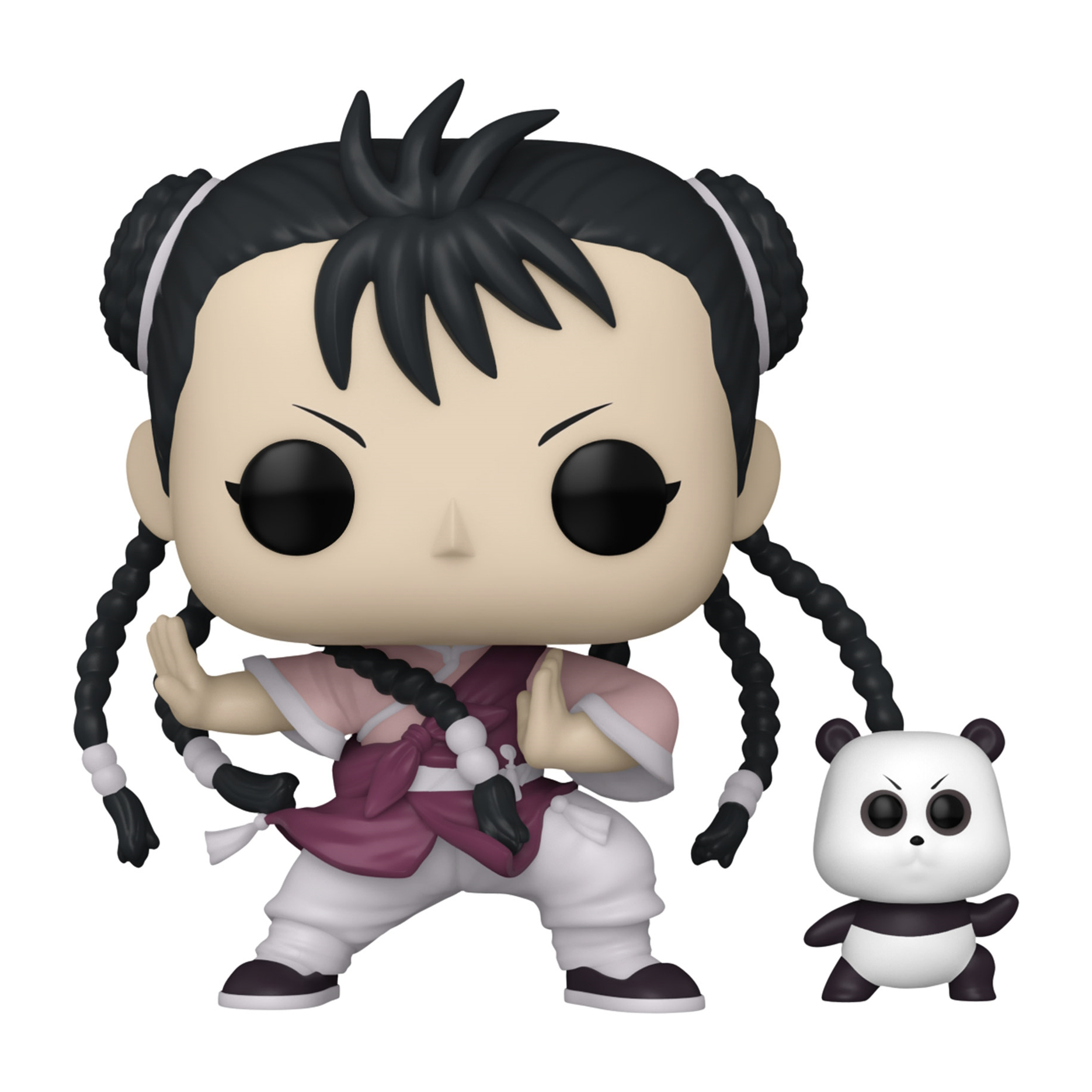Figur einer Frau mit zwei Zöpfen und einem Panda-Spielzeug. Sie befindet sich in Kampfstellung.