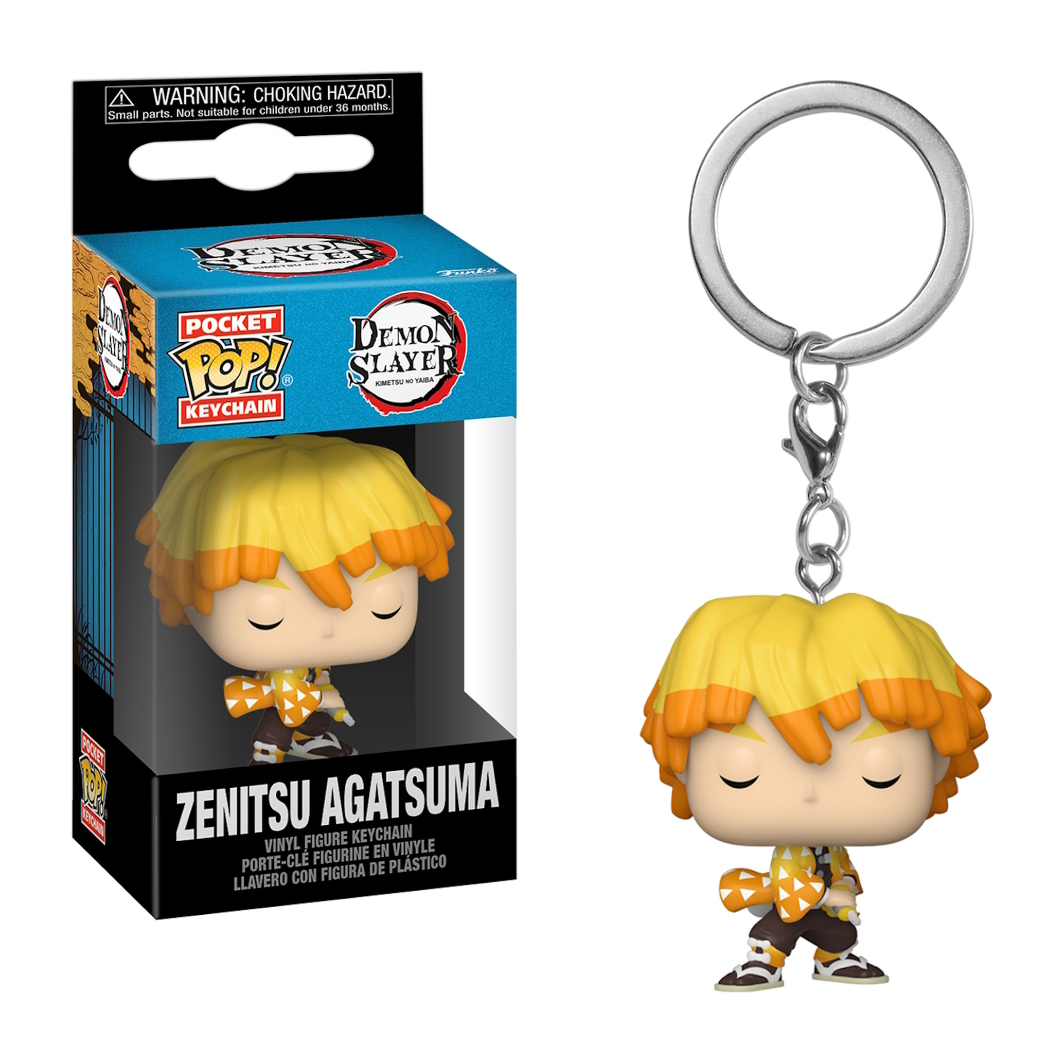 Zenitsu Agatsuma Schlüsselanhänger. Eine Figur mit gelben Haaren und einer Box. Die Box hat das Demon Slayer Logo.