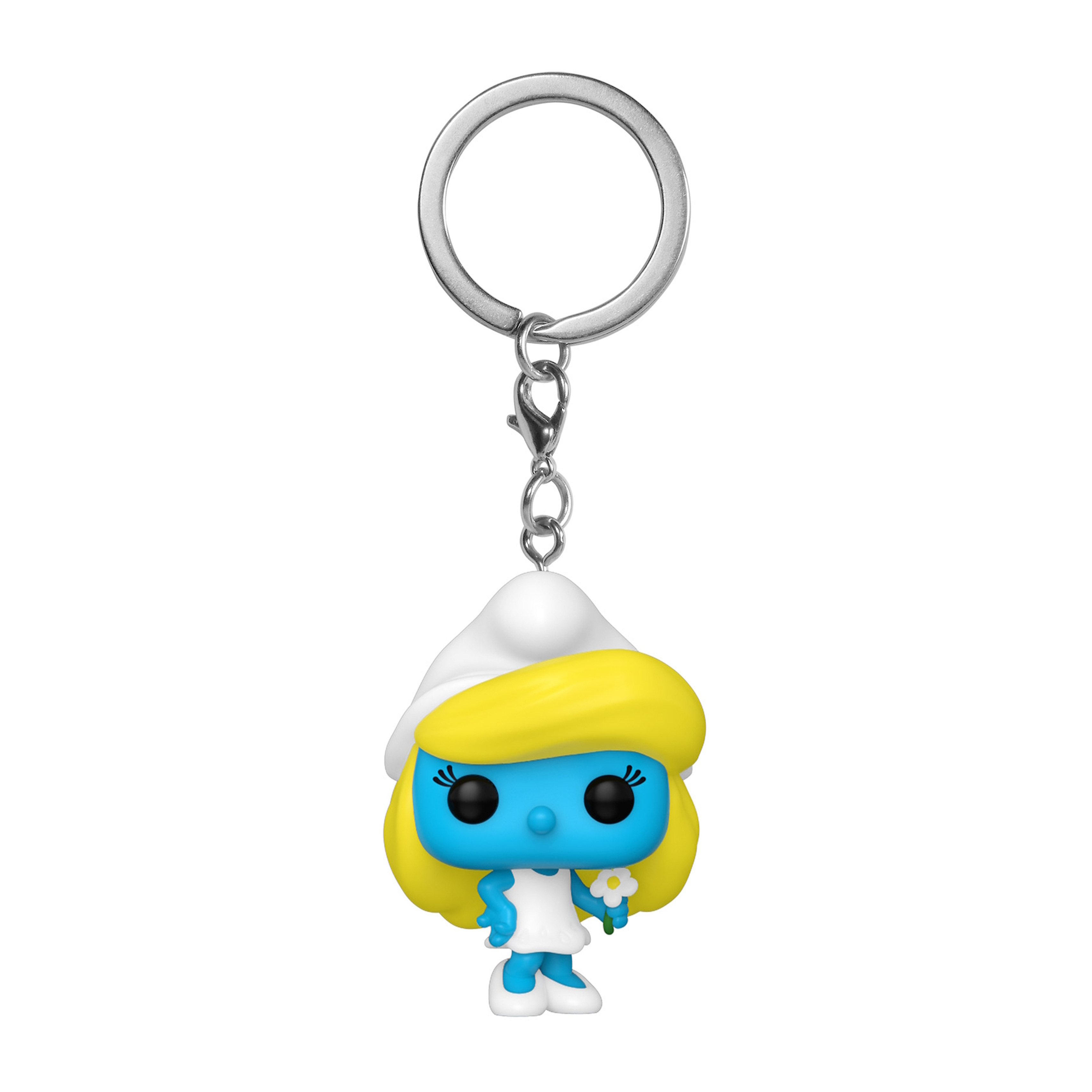 Un llavero Funko Pop de Pitufina, azul y blanco, sosteniendo una flor, con un llavero plateado.