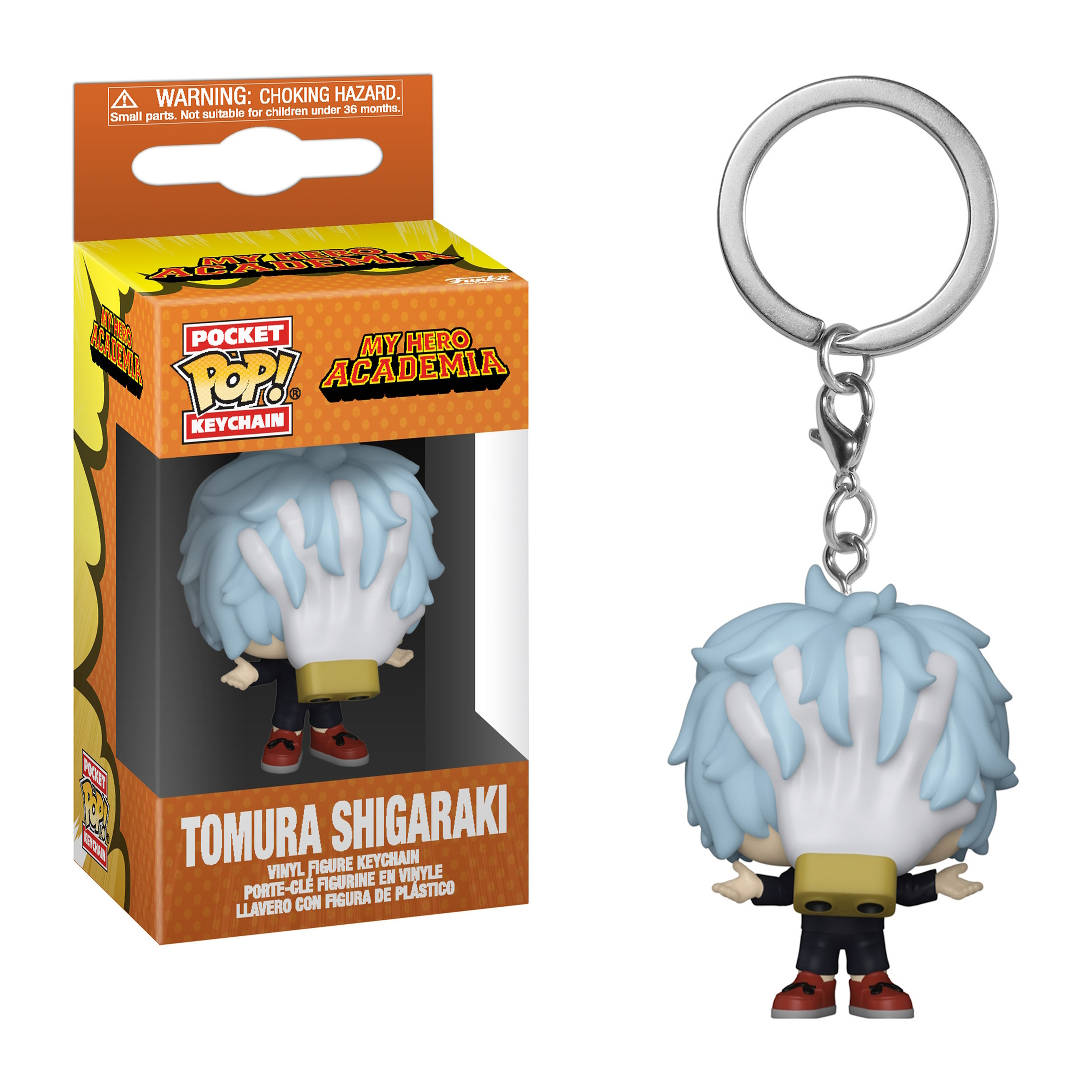 Tomura Shigaraki Pocket Pop! Schlüsselanhänger-Figur in Box und am Schlüsselring, weißer Hintergrund.