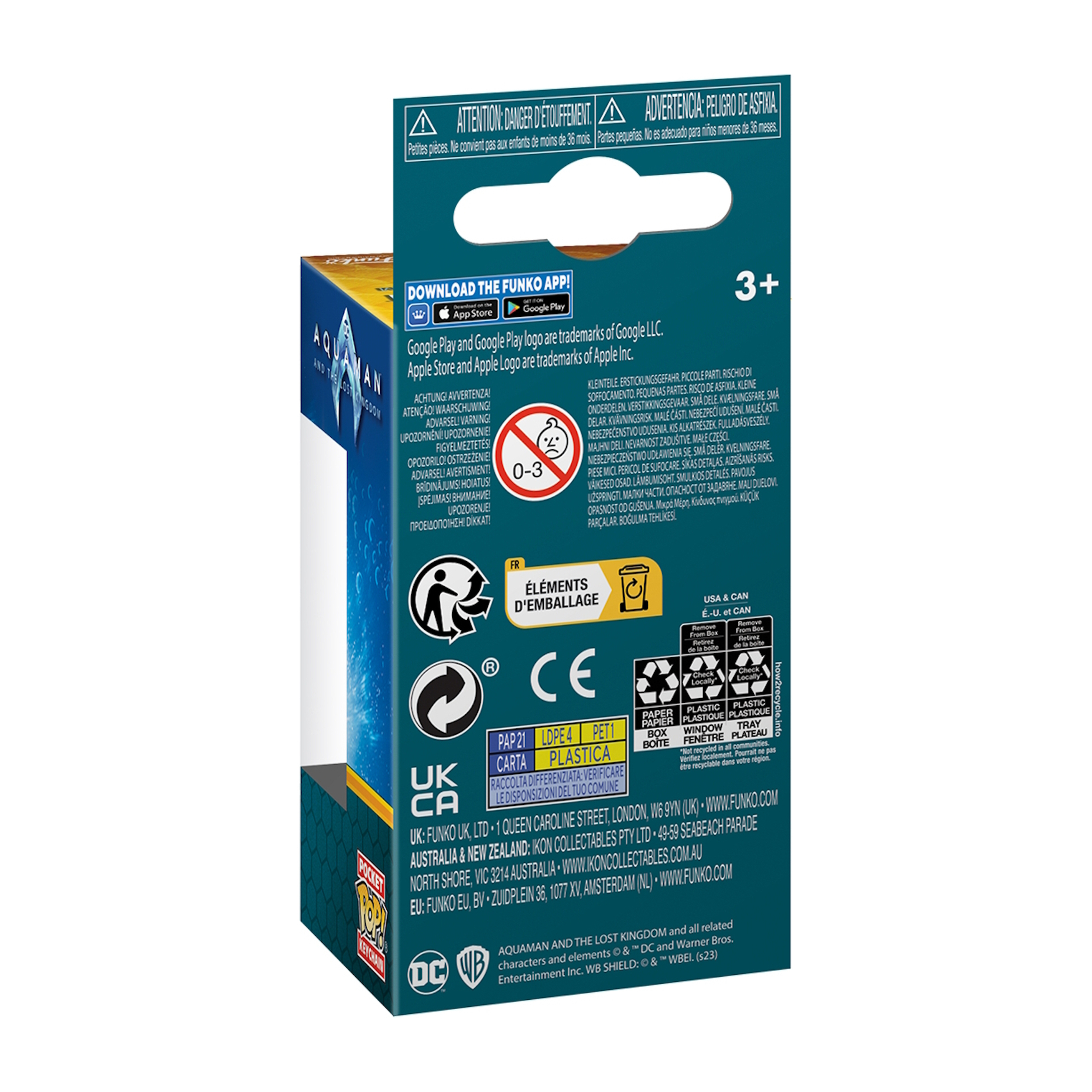 Caja con advertencias e información, en varios idiomas, con una etiqueta de edad 3+.
