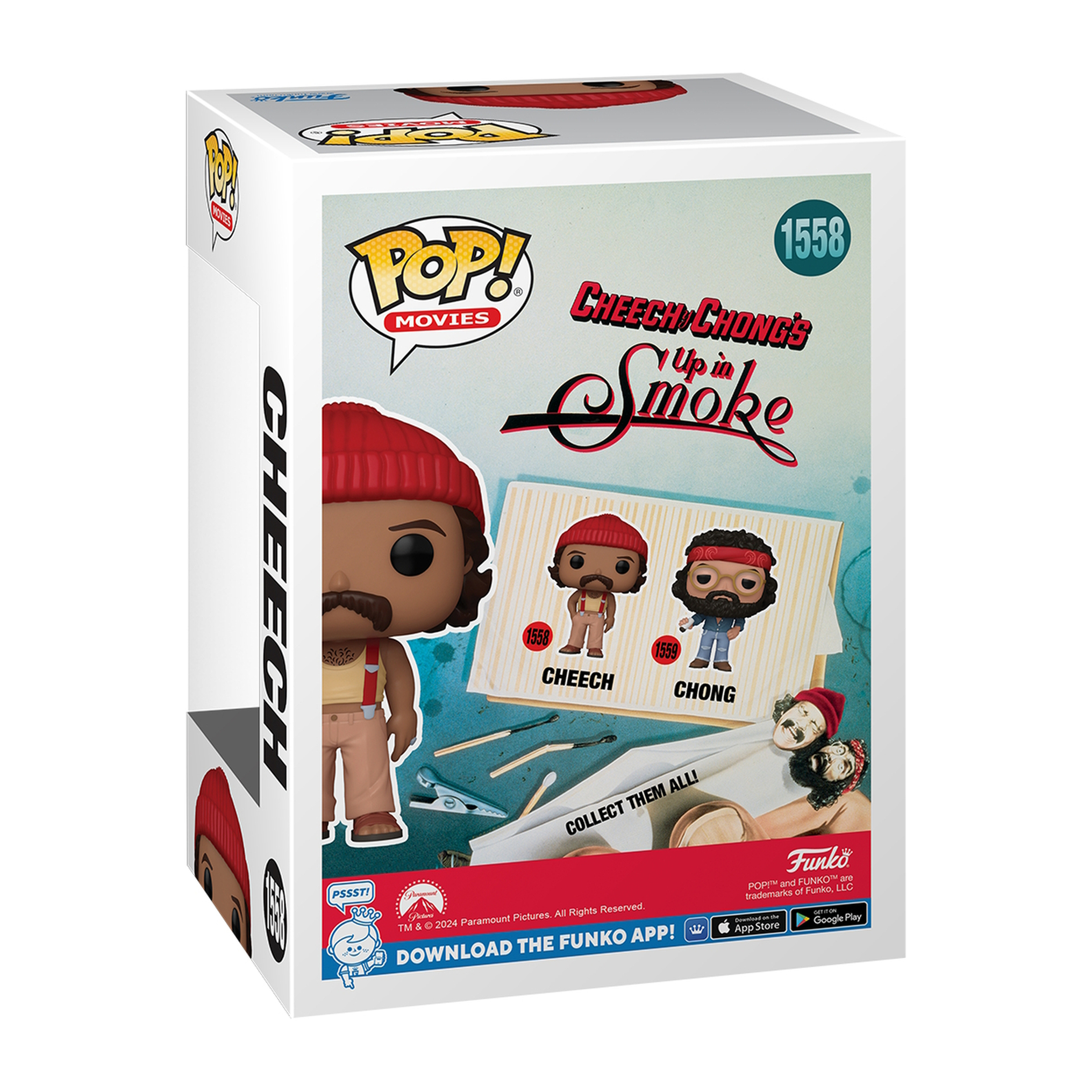 Eine Funko Pop-Box mit Cheech- und Chong-Figuren. Die Box ist weiß.