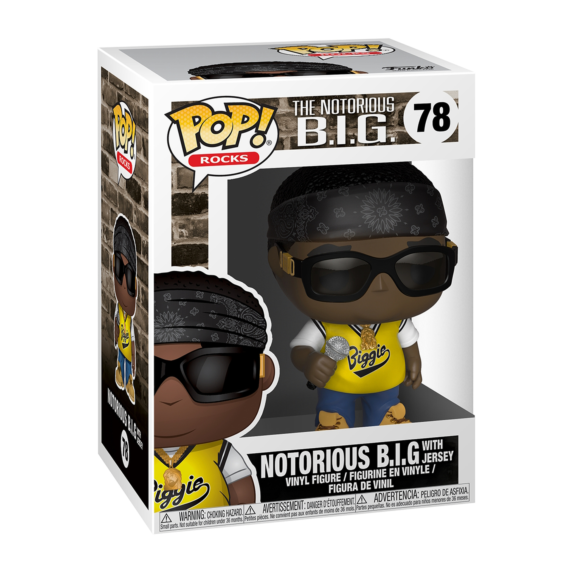 Figura Pop de Notorious B.I.G. en una caja, con camiseta y gafas de sol.