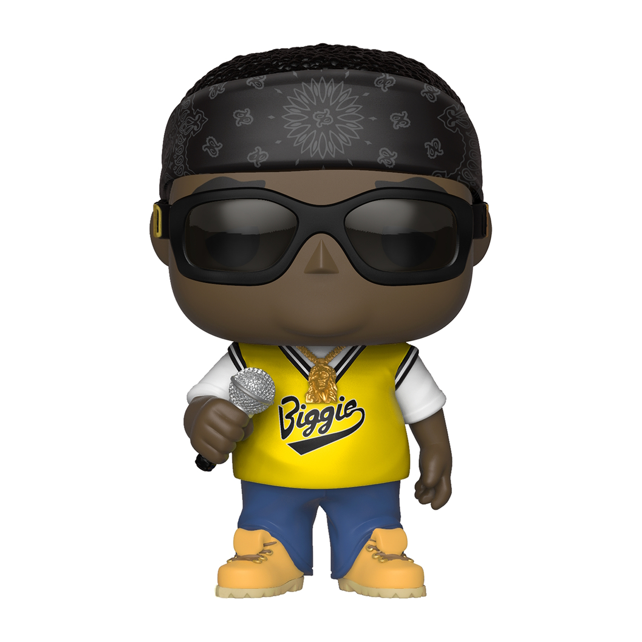 Una figura Funko Pop de The Notorious B.I.G. con gafas de sol y una cadena de oro.