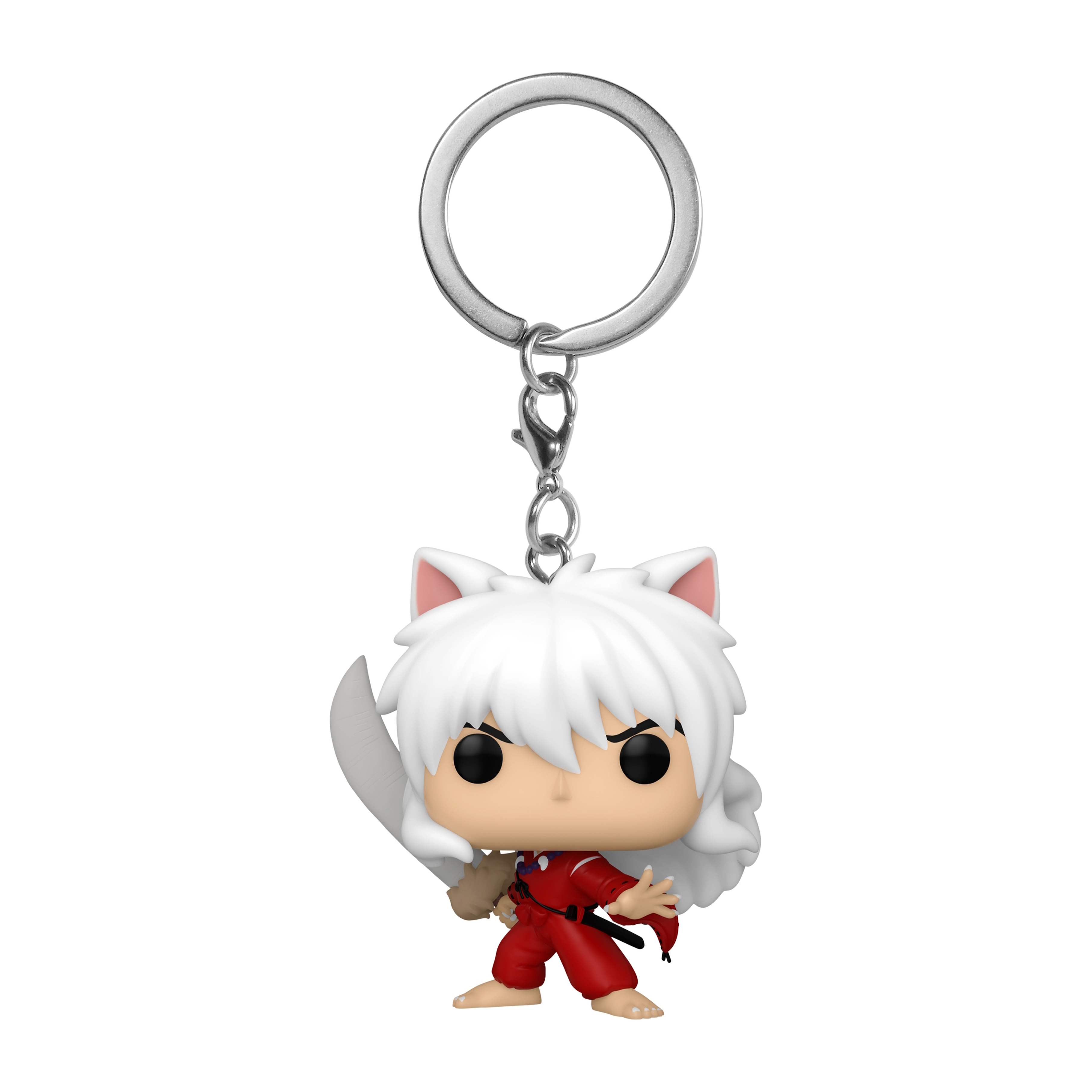 Inuyasha Funko Pop! Schlüsselanhänger. Weißes Haar, rotes Outfit, Schwert. Silberner Schlüsselanhänger.