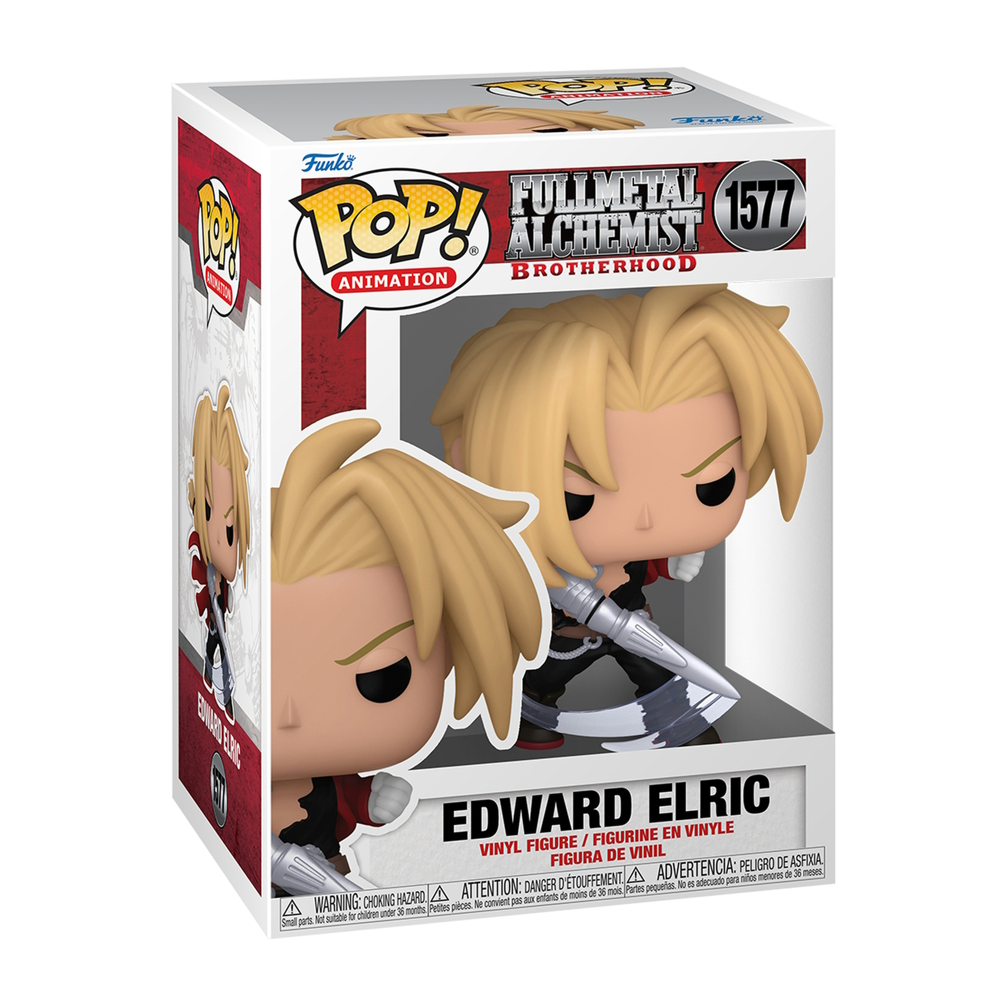Figurka Edwarda Elrica w pudełku. Figurka przedstawia Edwarda Elrica z metalową ręką i logo Funko.