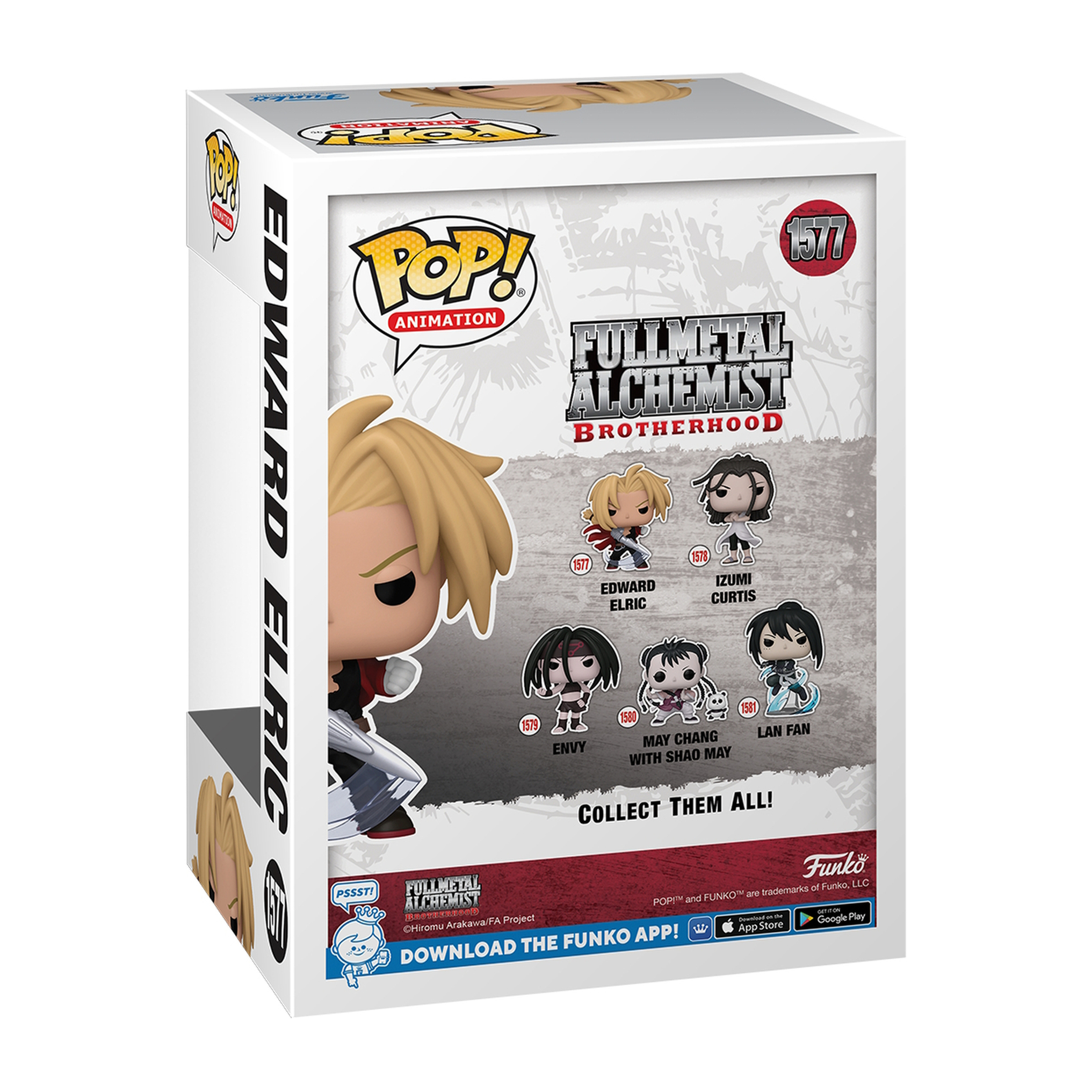 Pudełko Funko Pop Fullmetal Alchemist Edward Elric, białe z wizerunkami postaci.