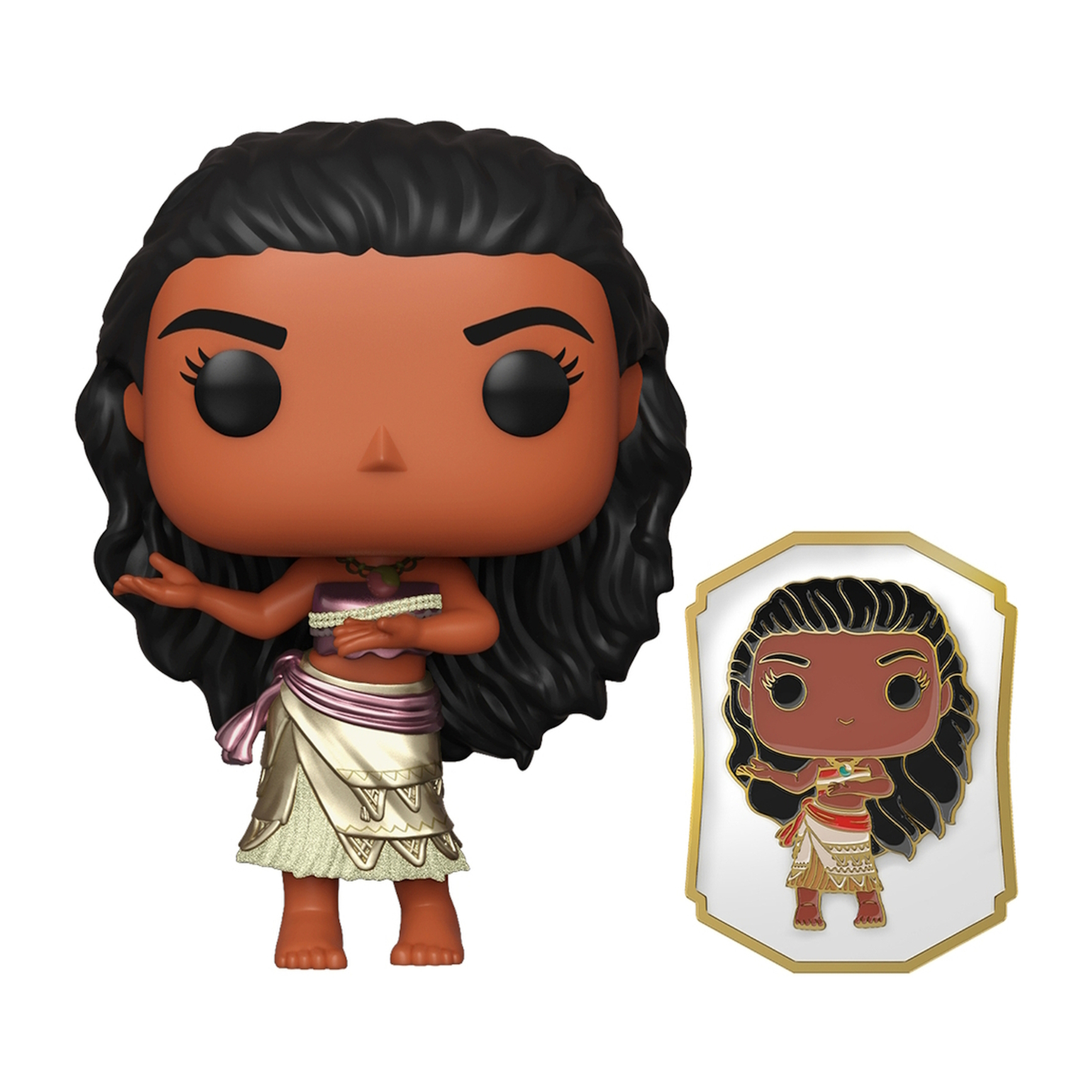 Moana Pop Figur und eine kleinere Figur auf einer goldgerahmten Anzeige. Moana ist in traditioneller Kleidung.