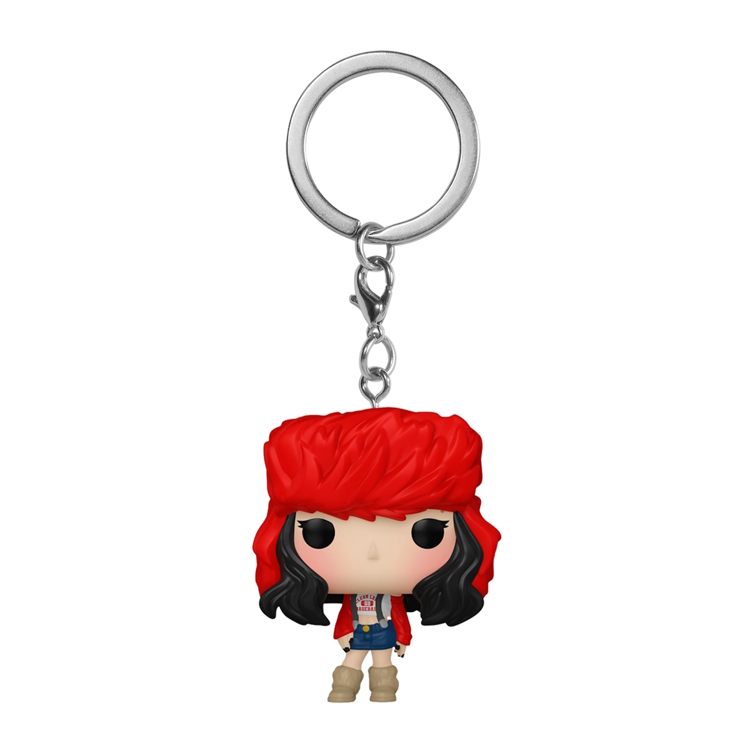 Funko Pop Schlüsselanhänger eines Mädchens mit roter Kapuze und Latzhose. Silberner Schlüsselanhänger. Weißer Hintergrund.