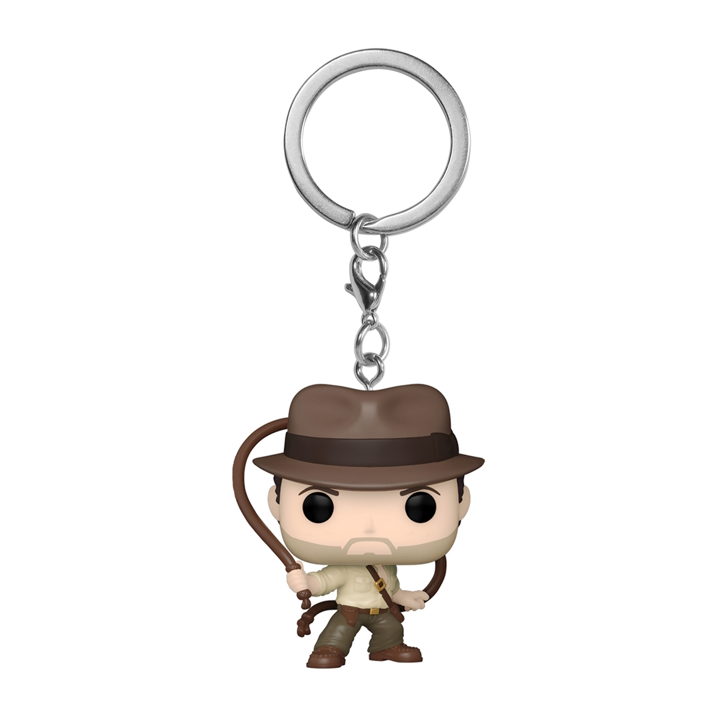 Figurka breloka Indiana Jones z batem. Nosi brązowy kapelusz i trzyma bat.