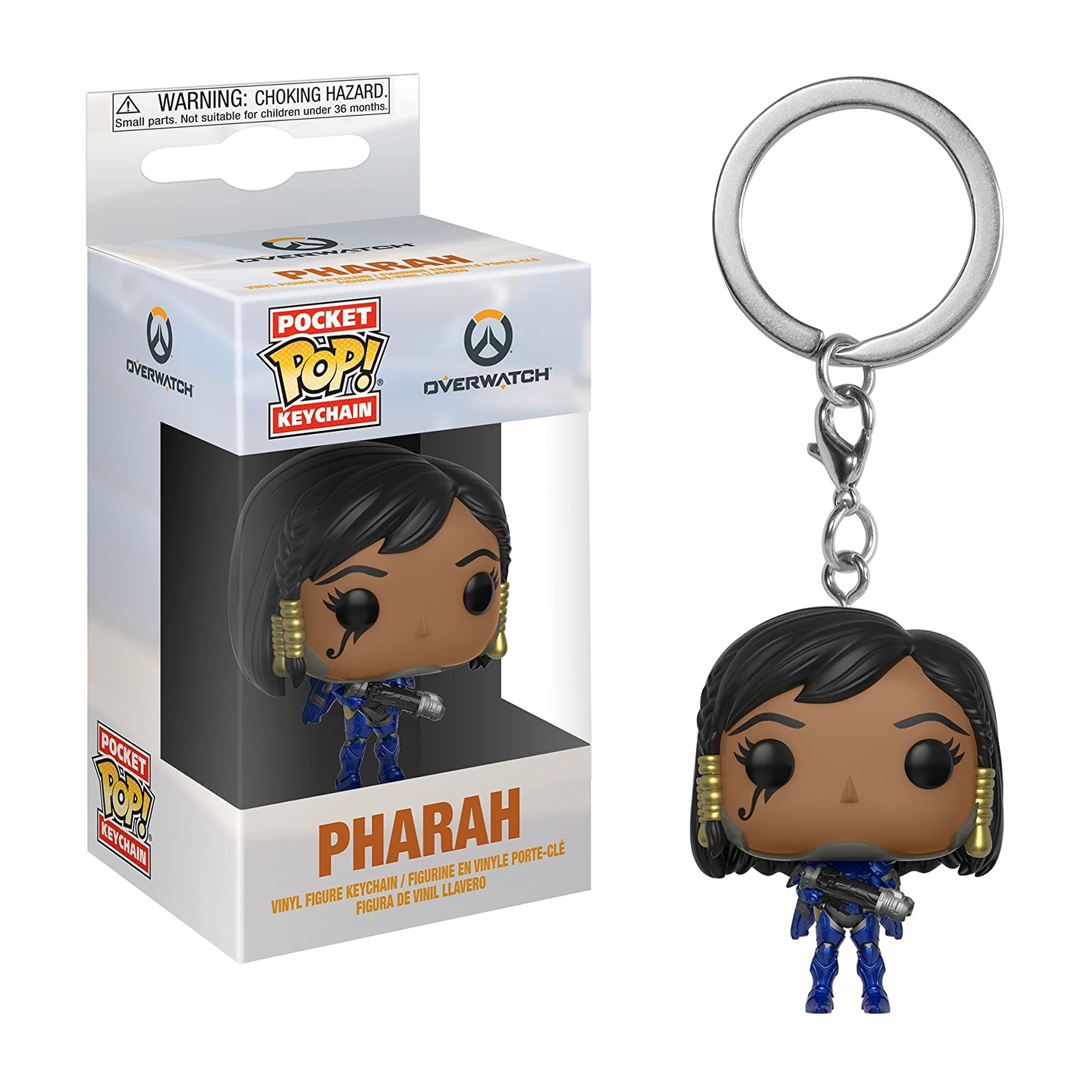 Pharah Overwatch Schlüsselanhängerfigur mit einer Box. Die Figur ist blau, schwarz und braun.