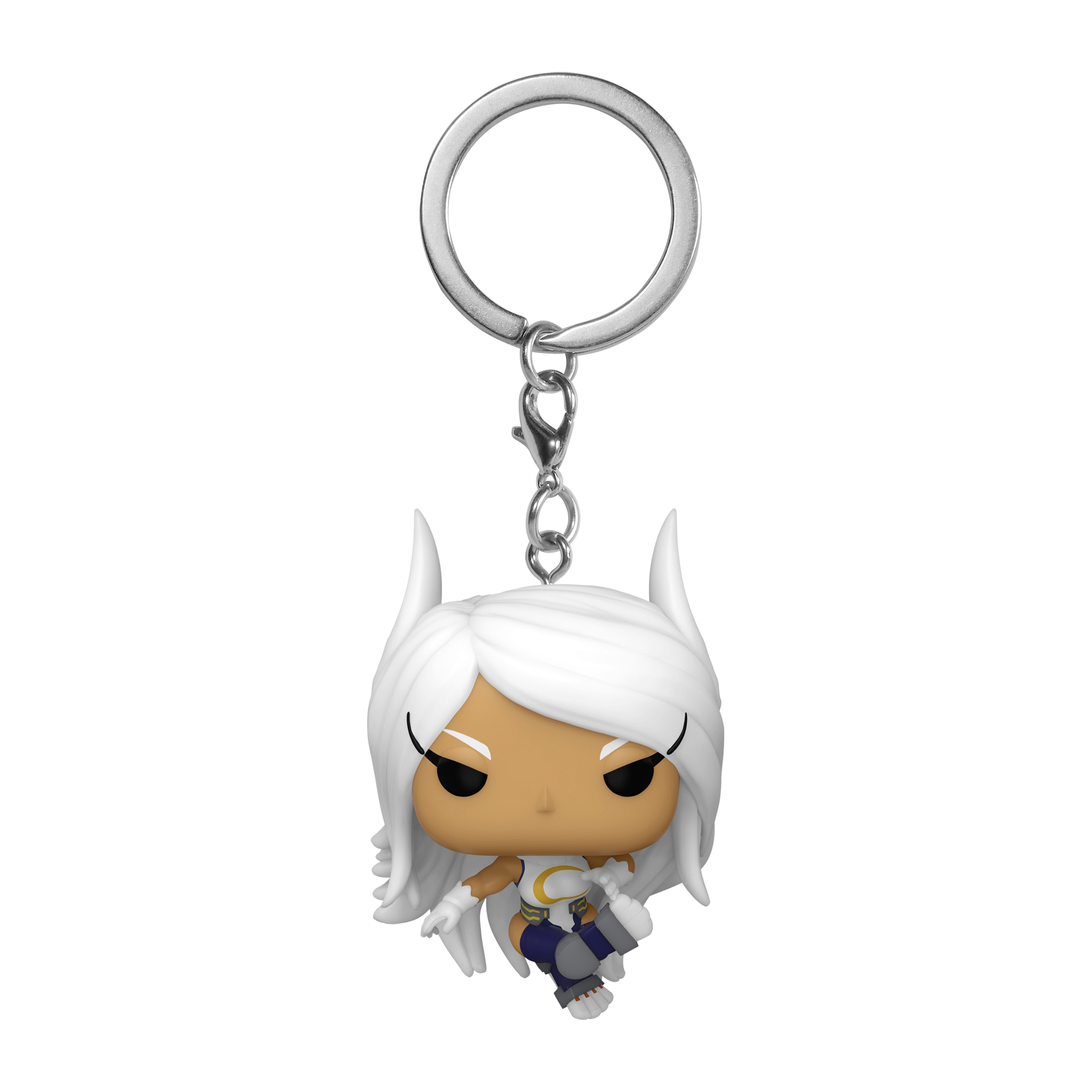 Eine weißhaarige Funko Pop Schlüsselanhängerfigur mit einem silbernen Schlüsselring.