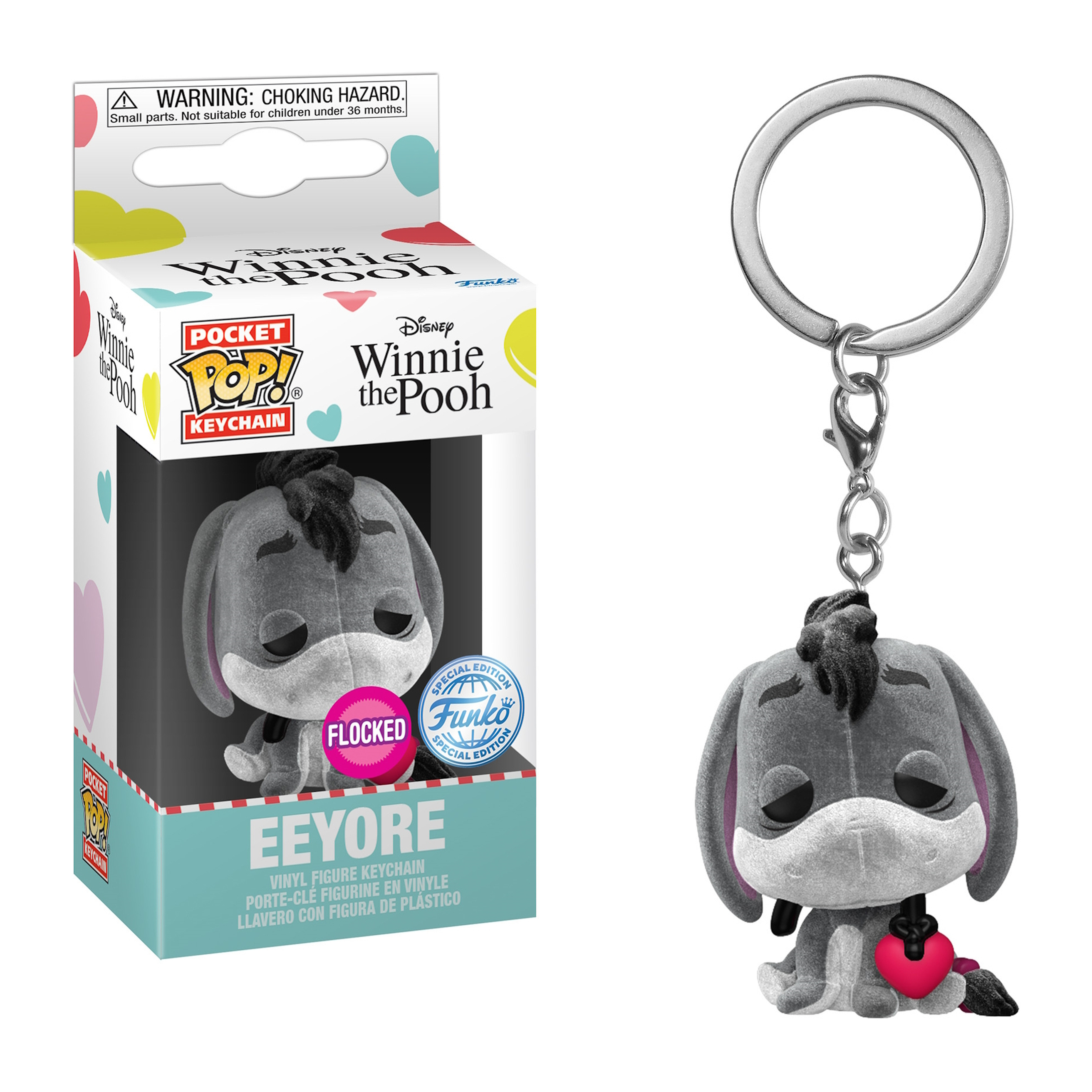 Eeyore-Schlüsselanhänger-Pop-Figur in der Box. Grauer Esel mit traurigem Gesicht. Auf der Box steht 'Disney Winnie the Pooh'.