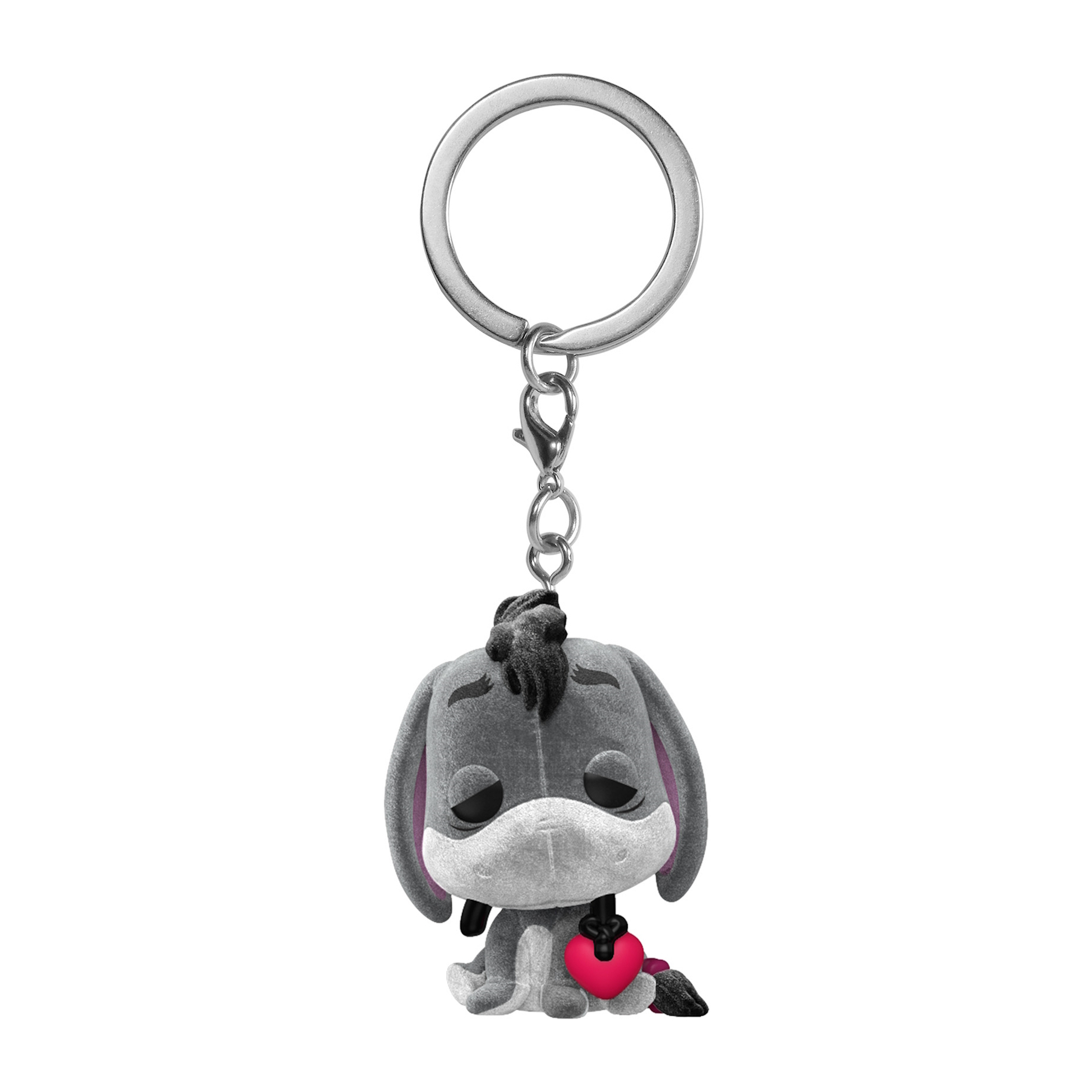 Schlüsselanhänger mit einer Funko Pop Figur von I-Aah aus Winnie the Pooh, mit einem Herzen. Er sieht traurig aus.