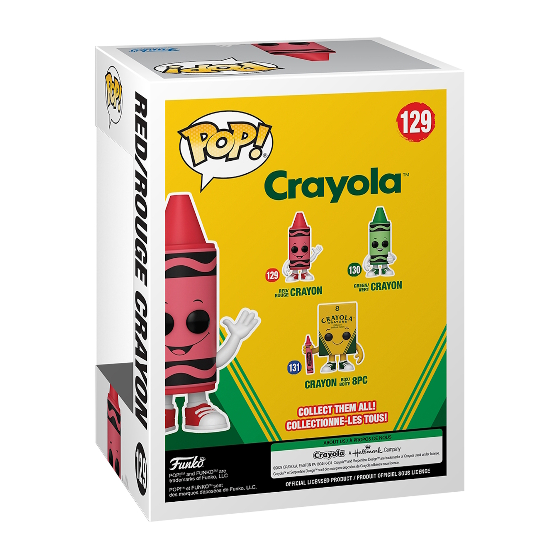 Schachtel mit einer roten Buntstiftfigur. Gelber Hintergrund mit Crayola-Logo und Text.