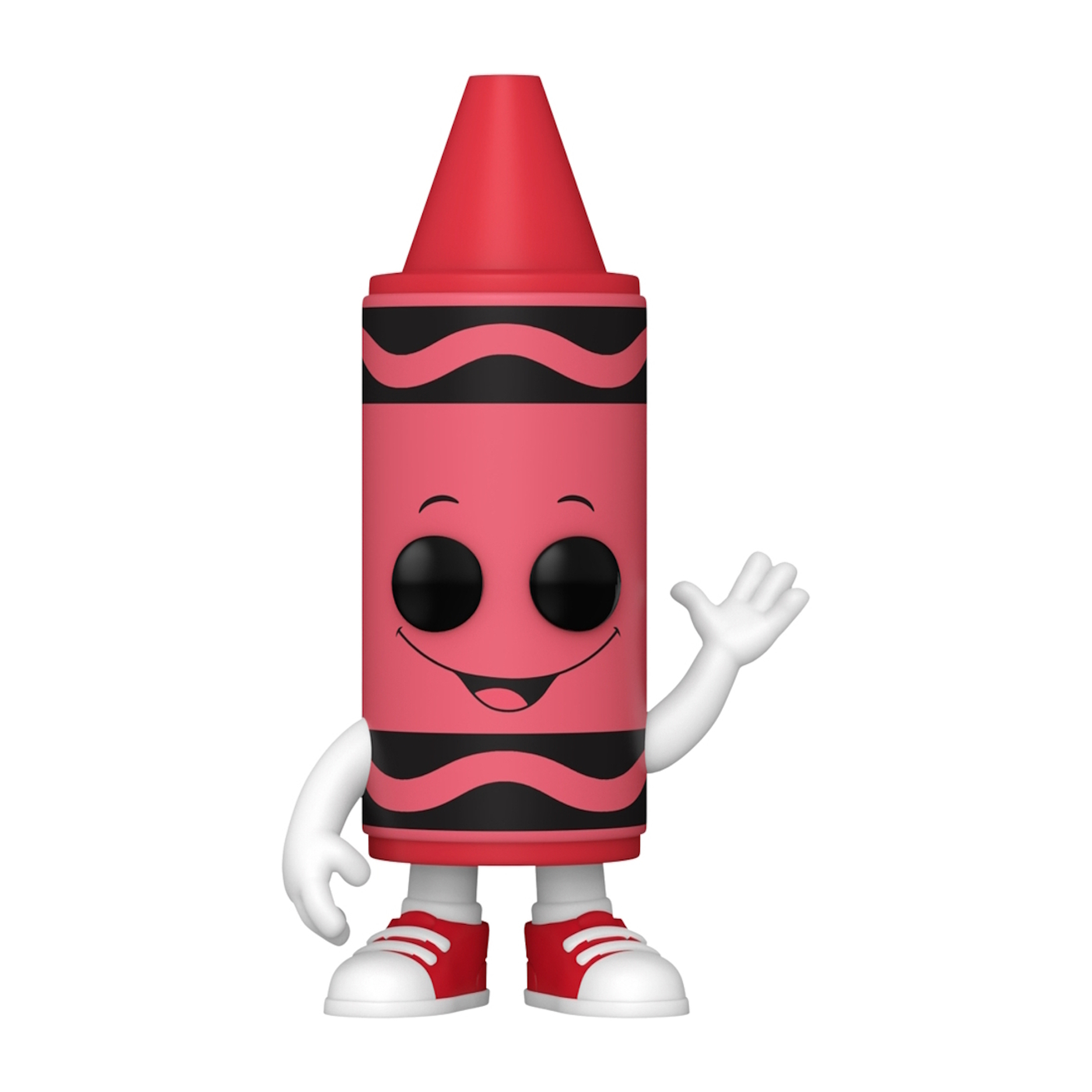 Eine rote Buntstiftfigur mit lächelndem Gesicht, winkender Hand und roten Schuhen.