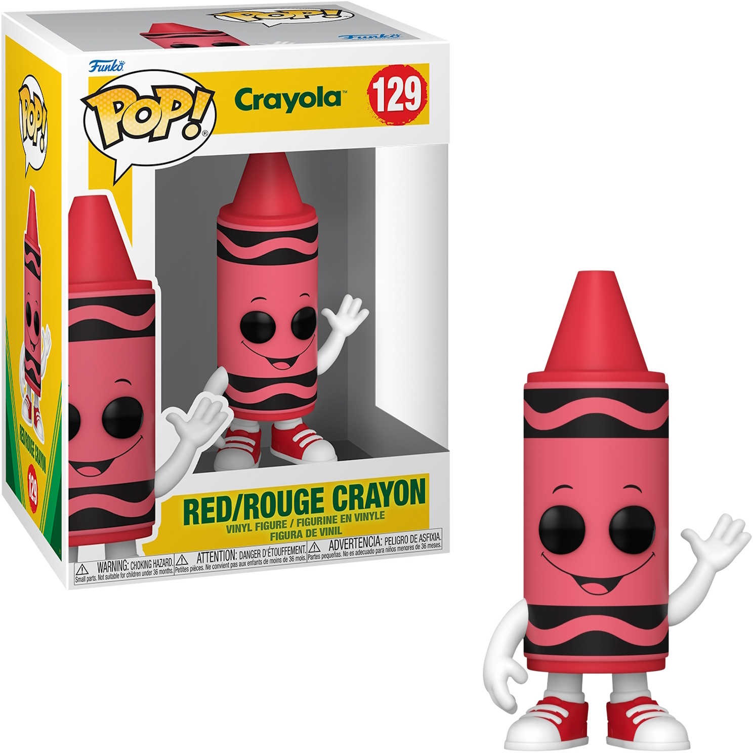 Eine rote Buntstift-Funko Pop-Figur mit einem lächelnden Gesicht, weißen Händen und roten Schuhen.