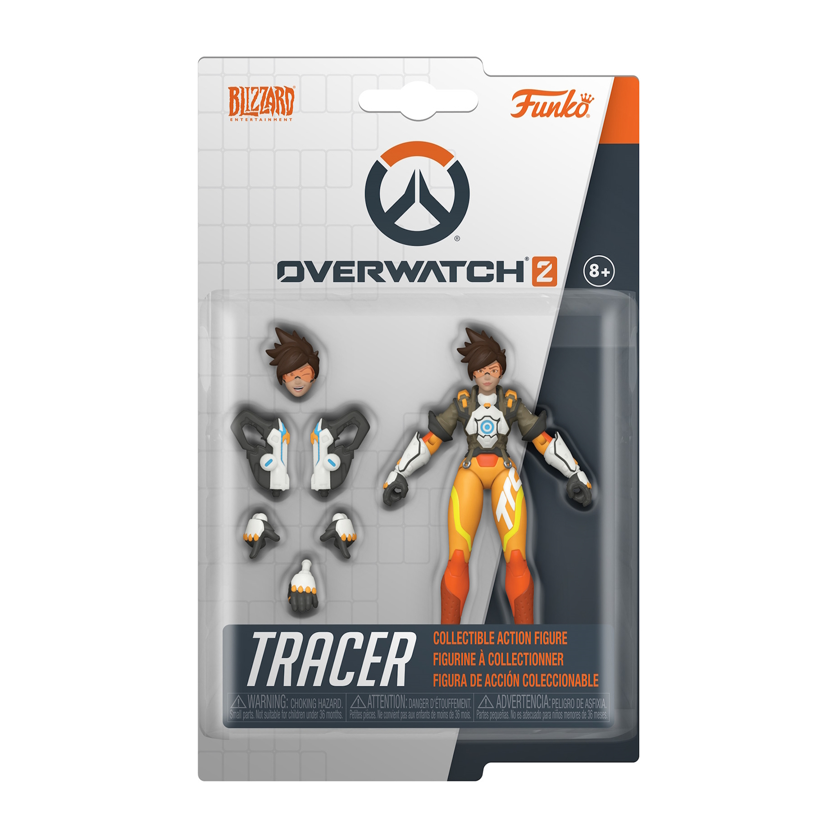 Tracer Actionfigur in Box, mit abnehmbaren Teilen. Orange-weißes Kostüm, Seitenansicht.