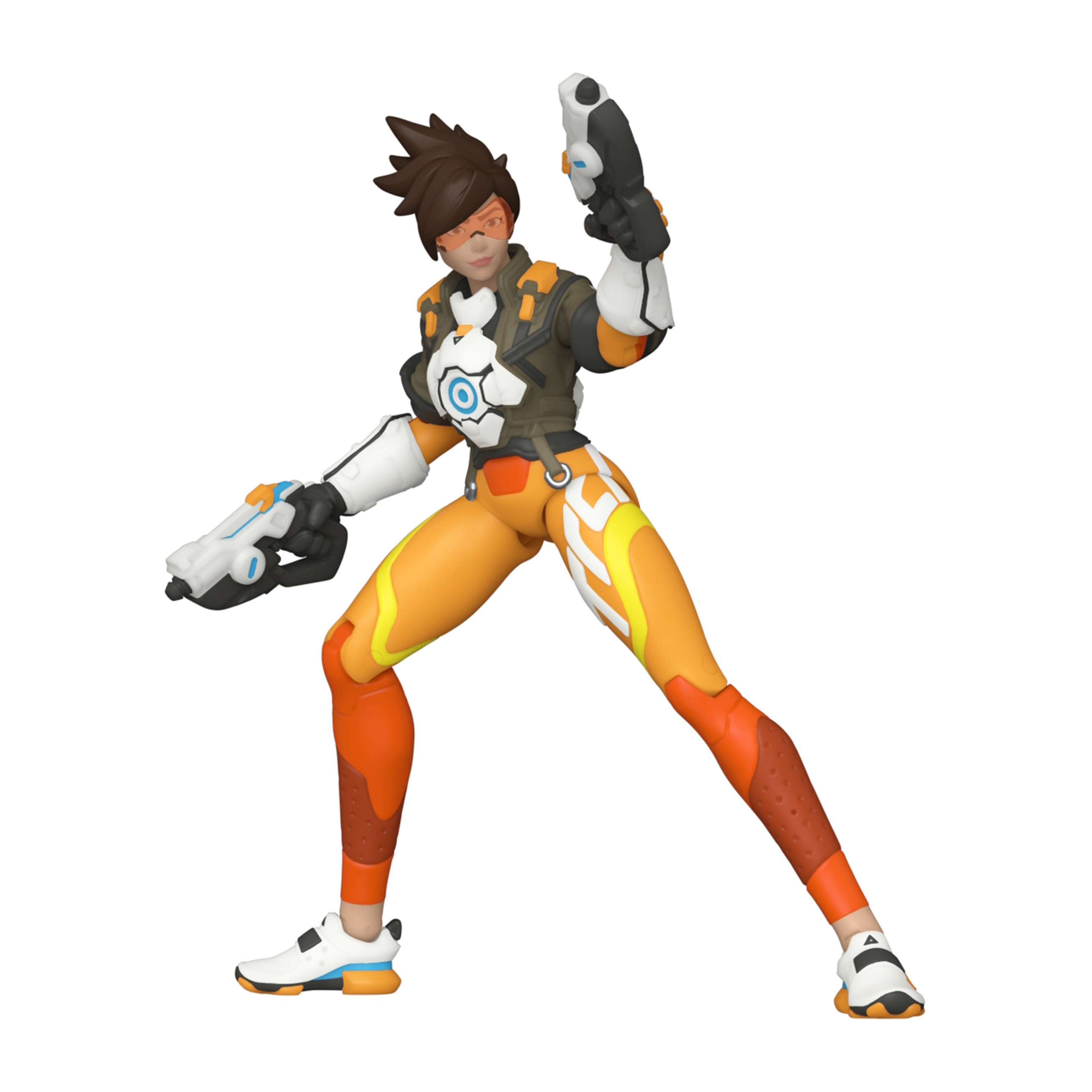 Eine Tracer-Actionfigur in leuchtend orangefarbener und weißer Kleidung, die mit Waffen posiert.