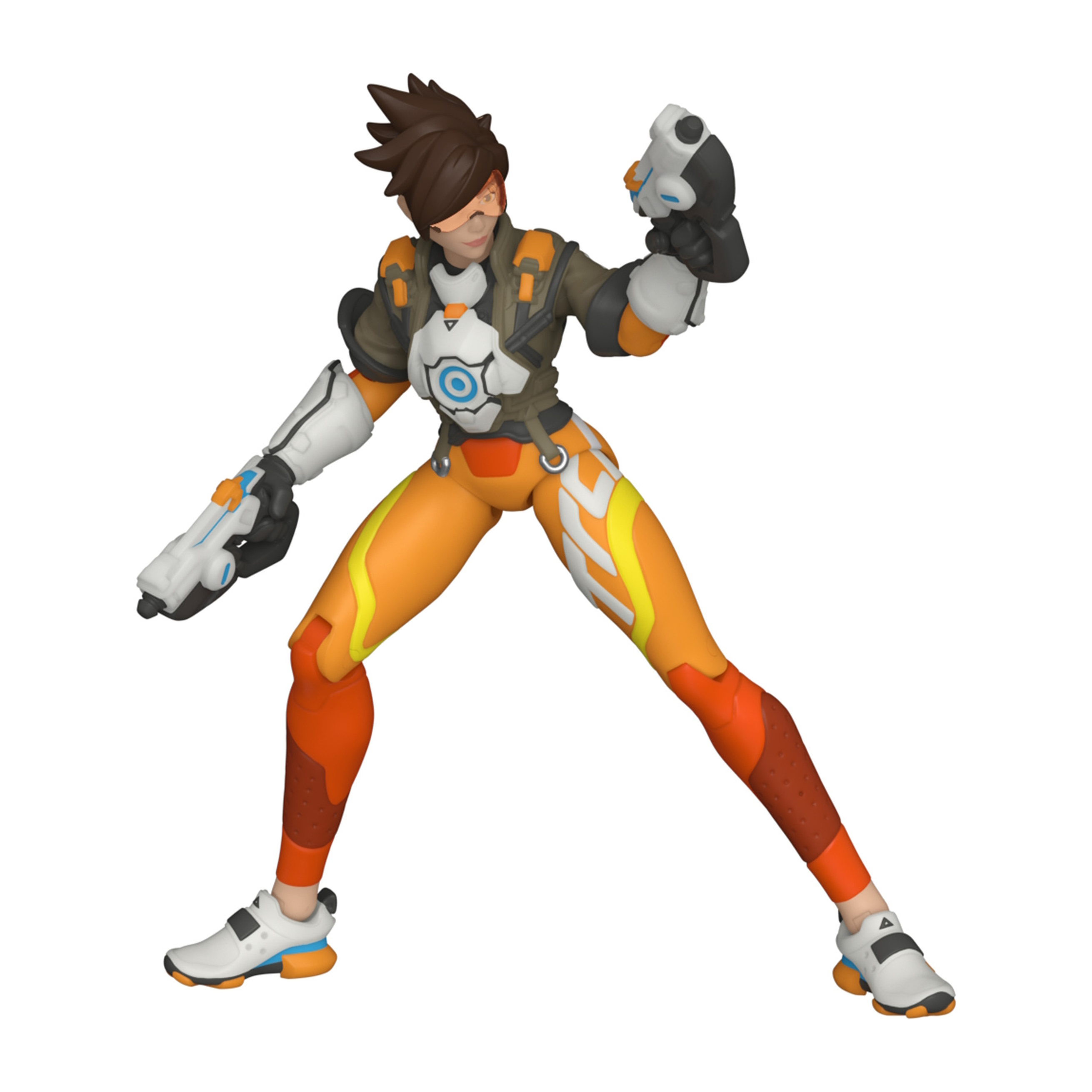 Tracer Actionfigur. Oranger und weißer Anzug, Waffen haltend, kampfbereit.