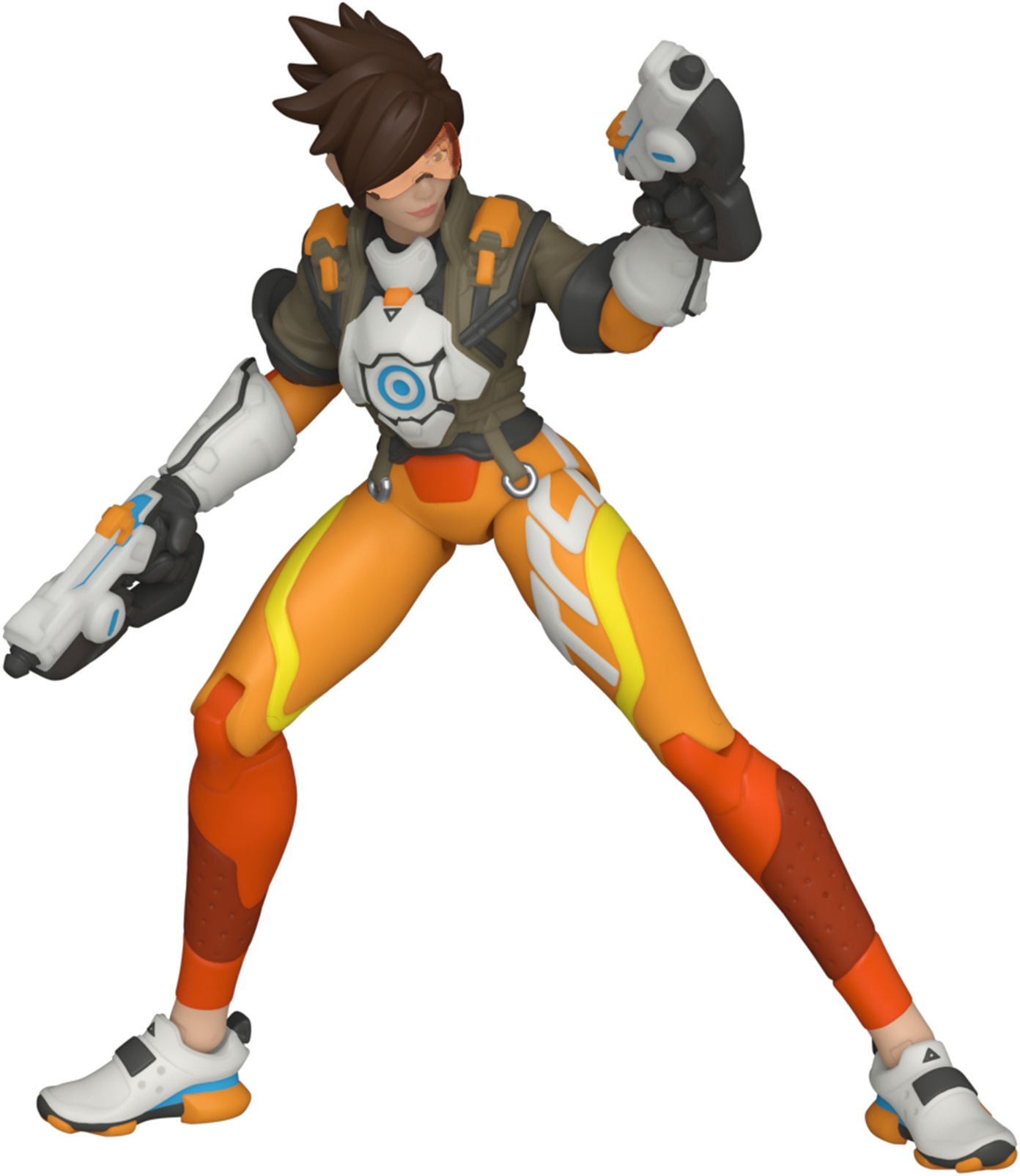 Tracer-Actionfigur. Oranger und gelber Anzug, zwei Waffen und weiße Schuhe.