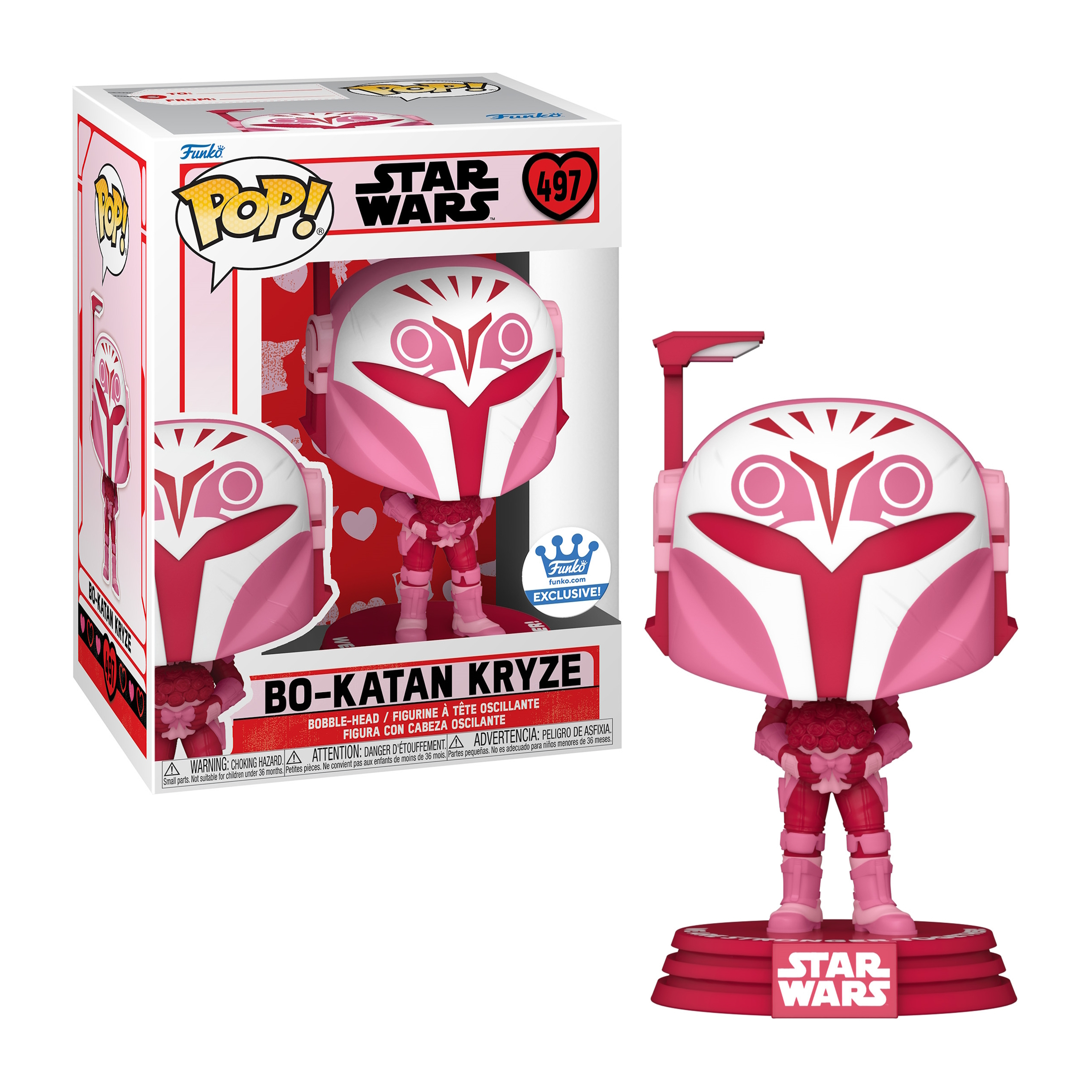 Bo-Katan Kryze Funko Pop Figur in und außerhalb der Box. Rosa Rüstung, weißer Helm, Star Wars.