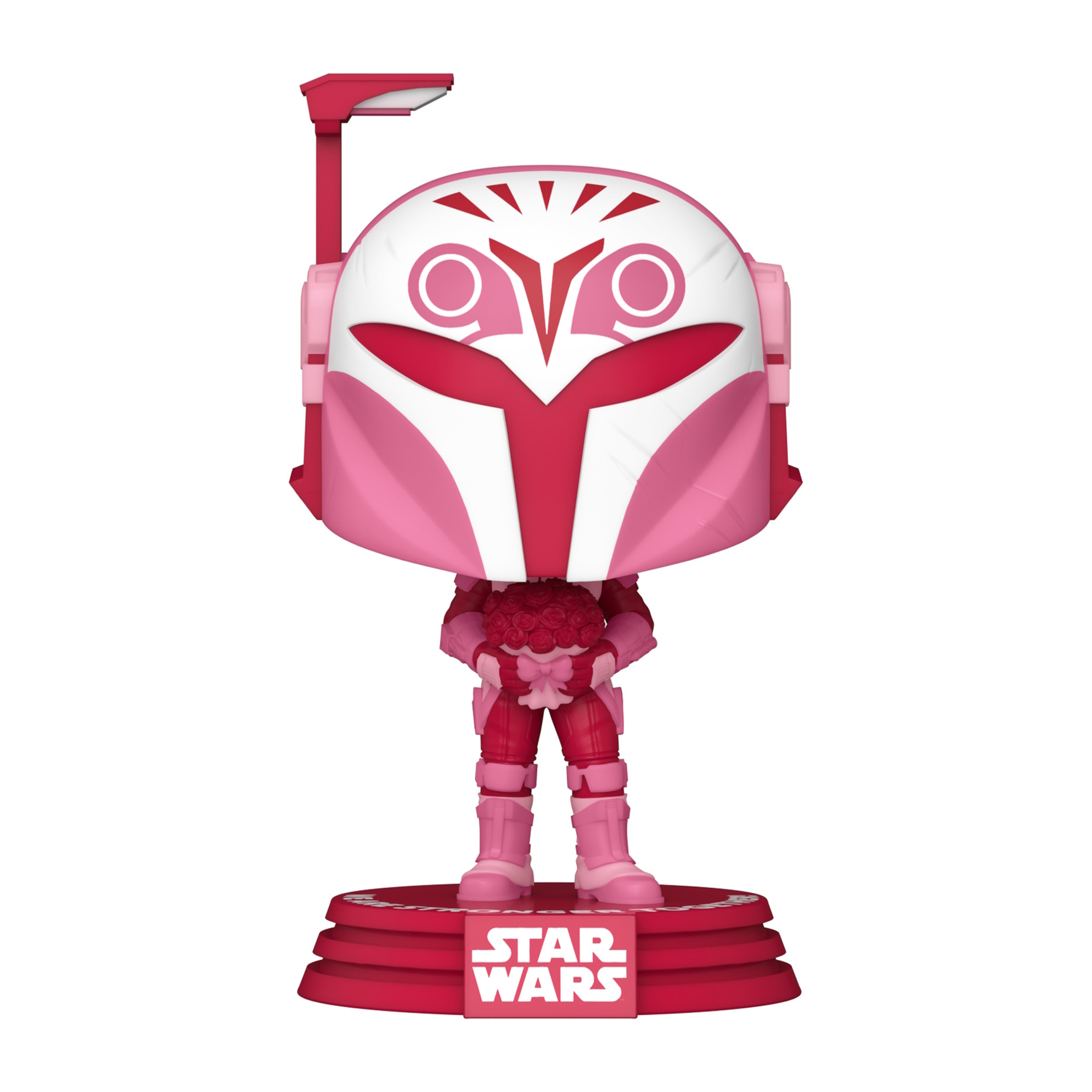 Eine pinkfarbene Star Wars Funko Pop Figur. Es ist ein Mandalorianer, der Blumen hält.