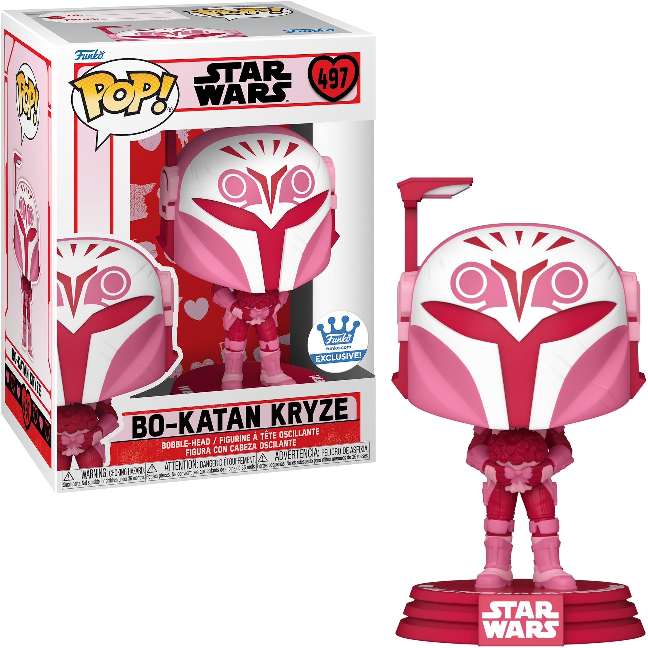 Bo-Katan Kryze Funko Pop Figur in und außerhalb der Verpackung. Pinkes und weißes Farbschema.