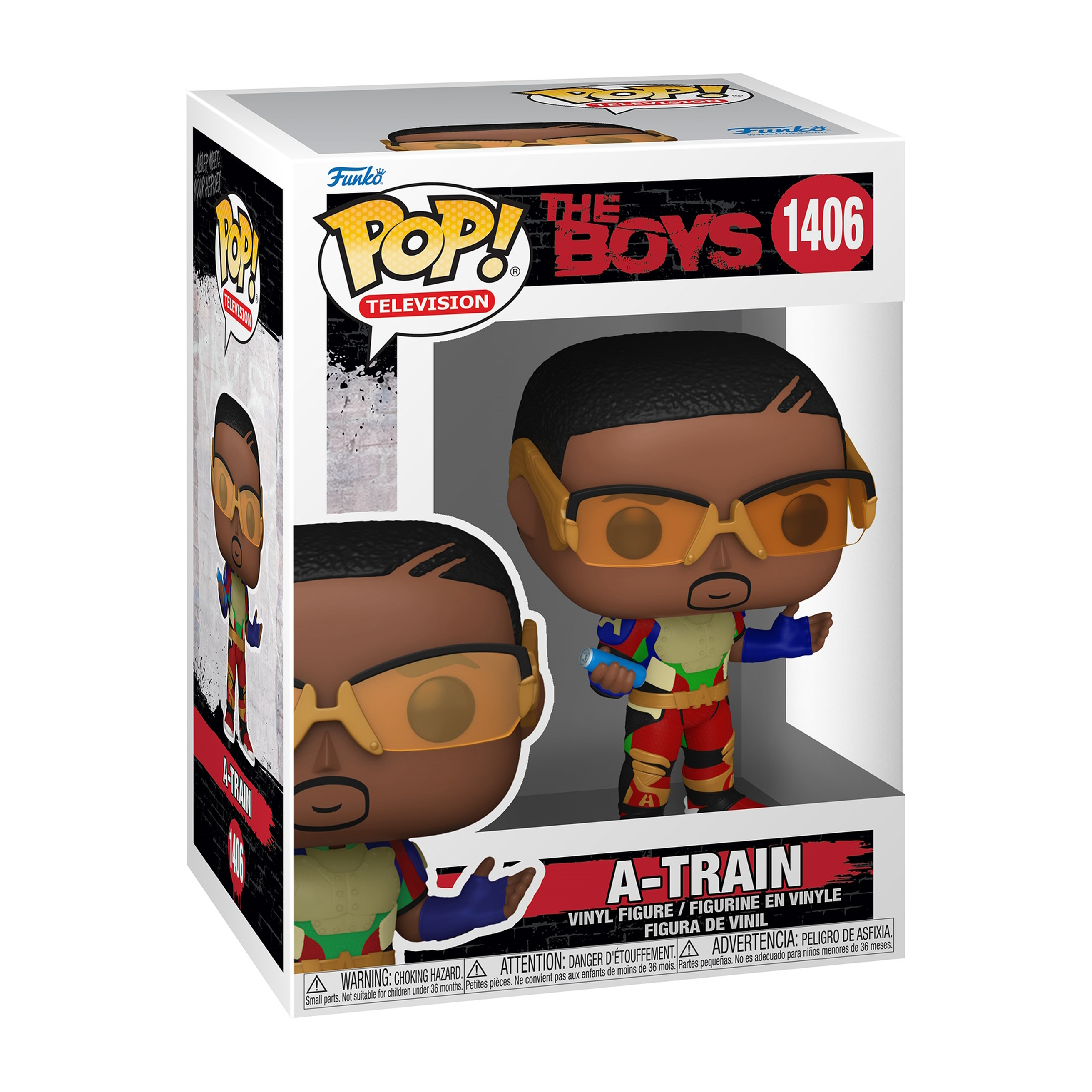 A-Train-Figur aus The Boys in einer Box, mit orangefarbener Brille und einem bunten Anzug.